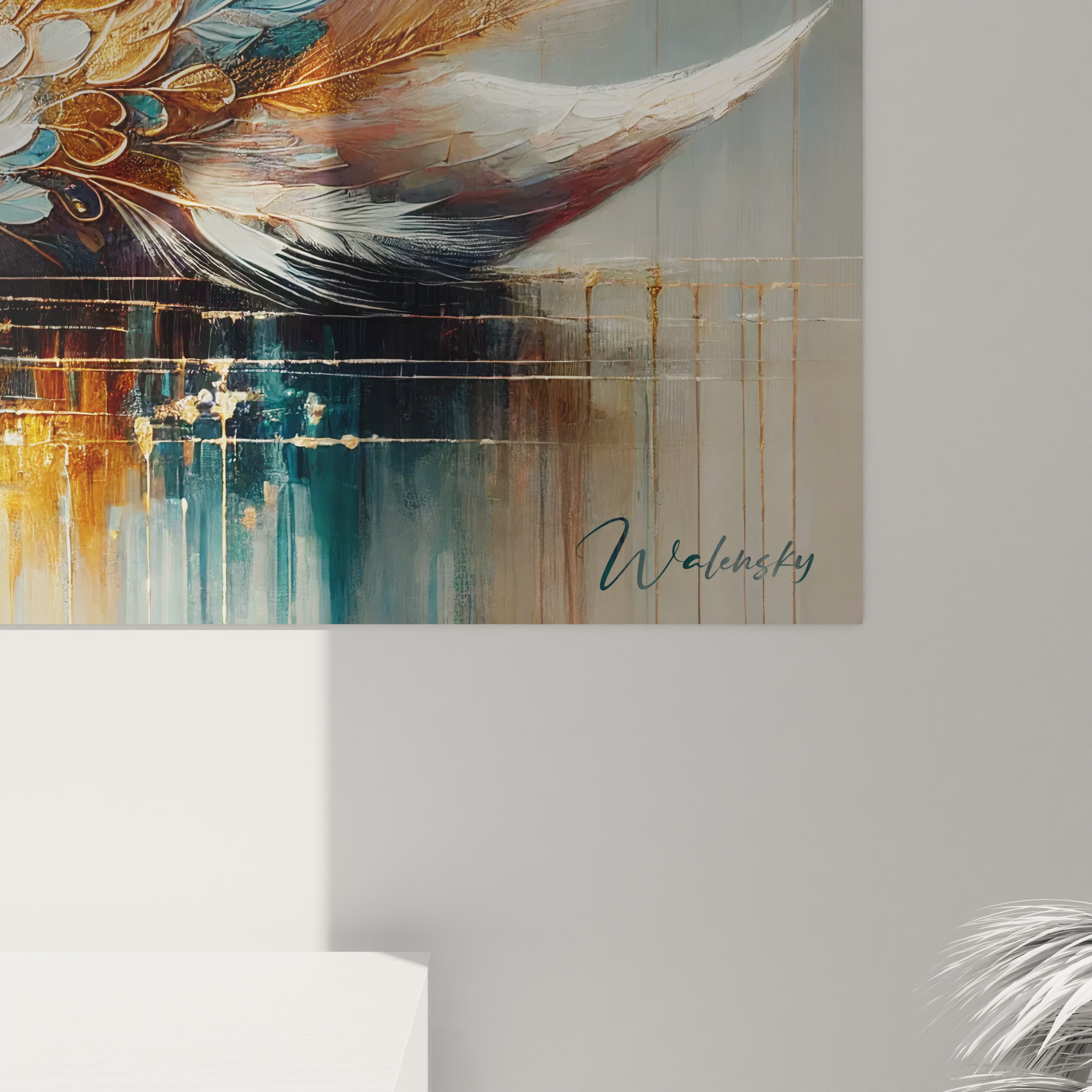 détail rapproché du tableau cygne montrant les textures riches et les nuances dorées parfait pour un intérieur moderne et apaisant






