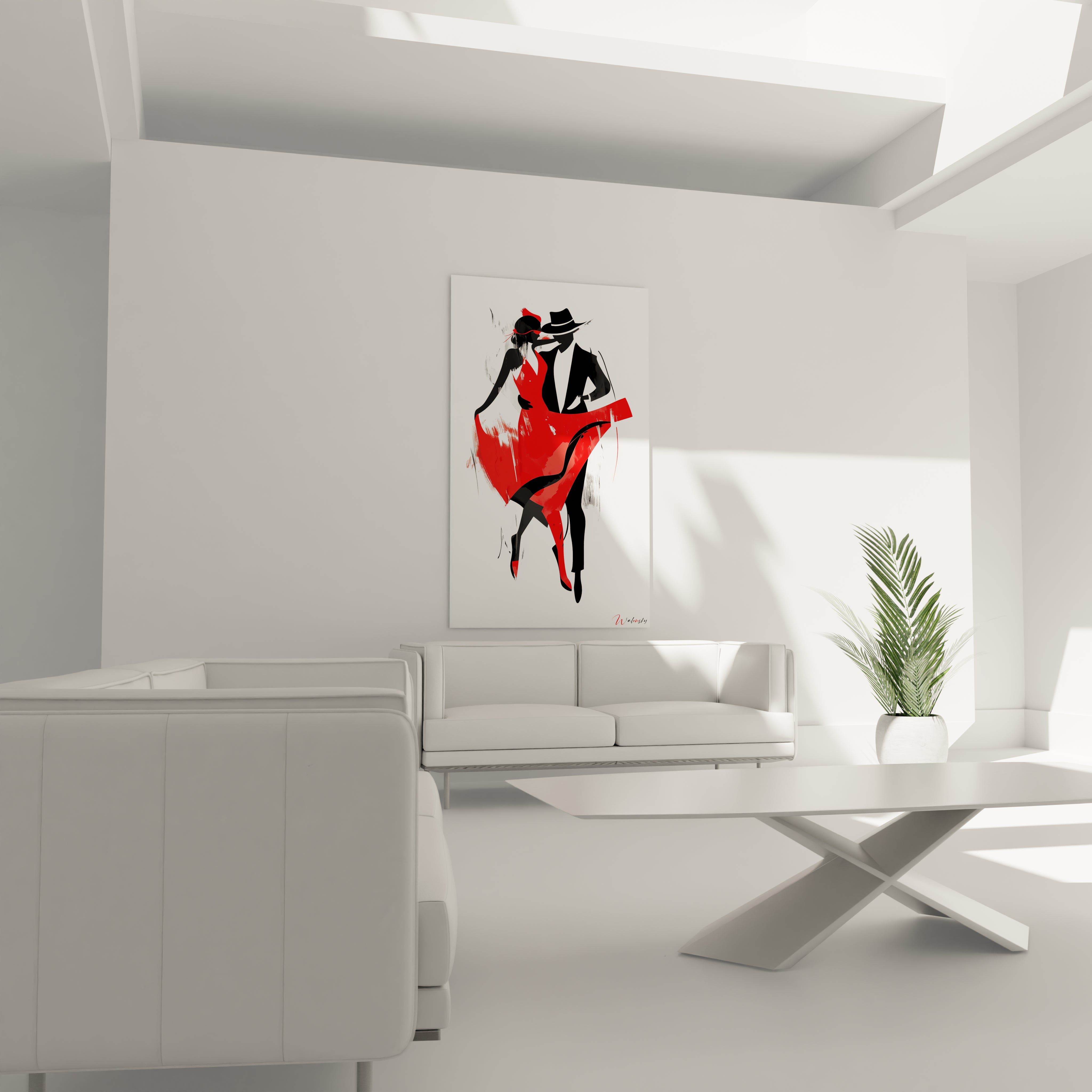 Un tableau danseuse abstrait affichant des contrastes marqués entre le rouge éclatant et le noir profond, des traits fluides et des effets de superpositions sur un fond clair.

