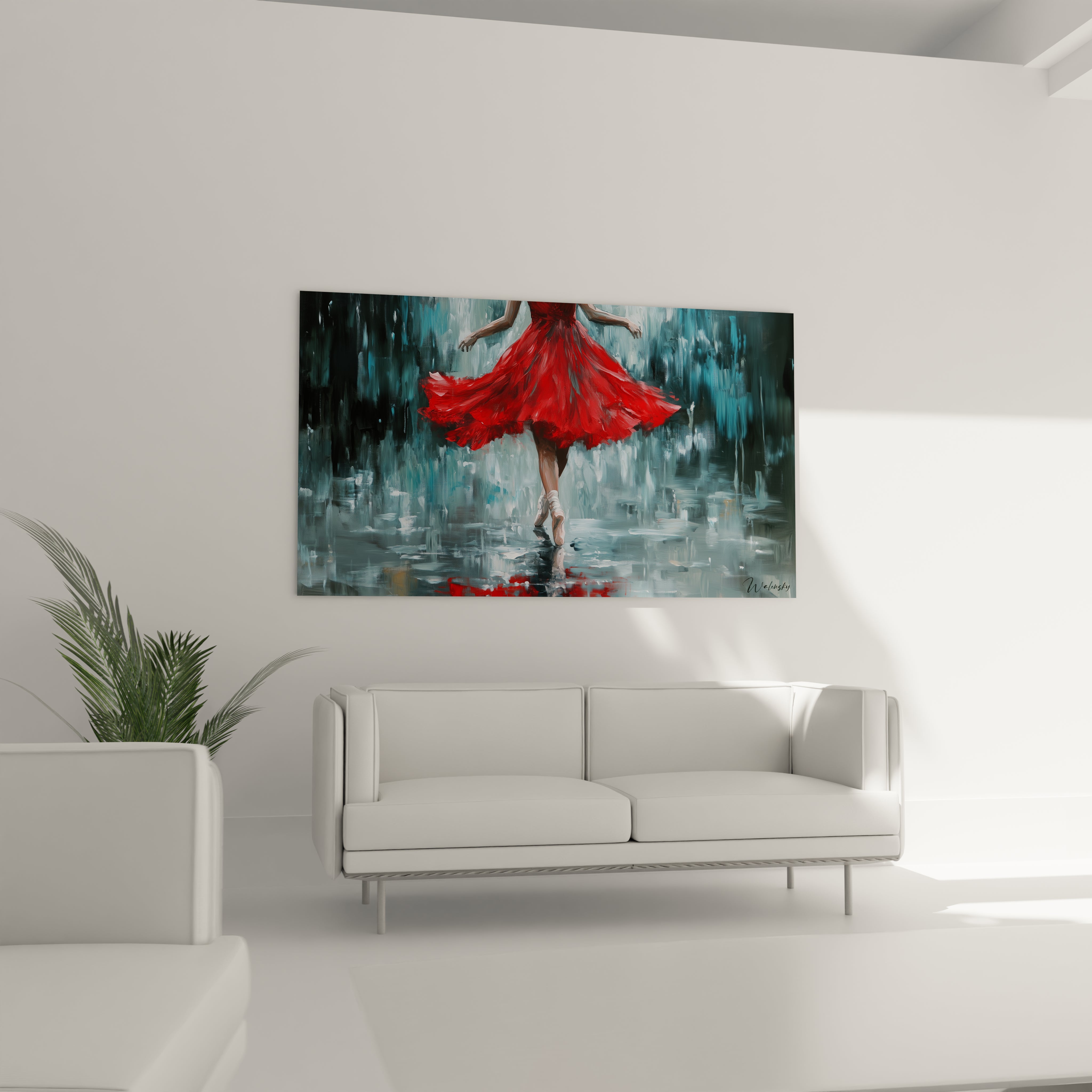 Un tableau danseuse abstrait présentant une danseuse avec une robe rouge, accompagnée de coups de pinceau bleu et gris créant un effet de fluidité et de mouvement.

