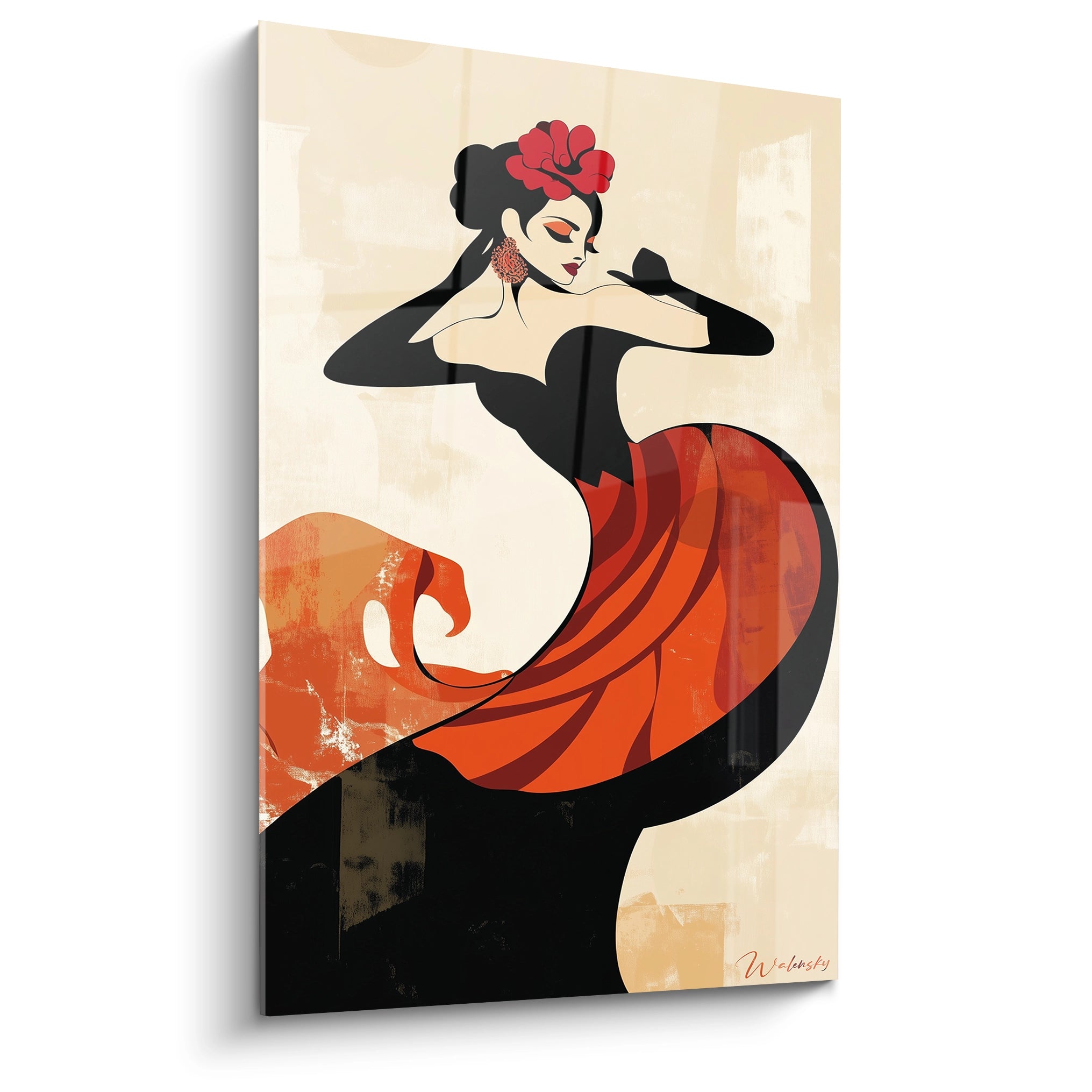 Un tableau danseuse abstrait montrant une silhouette stylisée en noir et rouge, avec des textures lisses et des teintes beige en arrière-plan.
