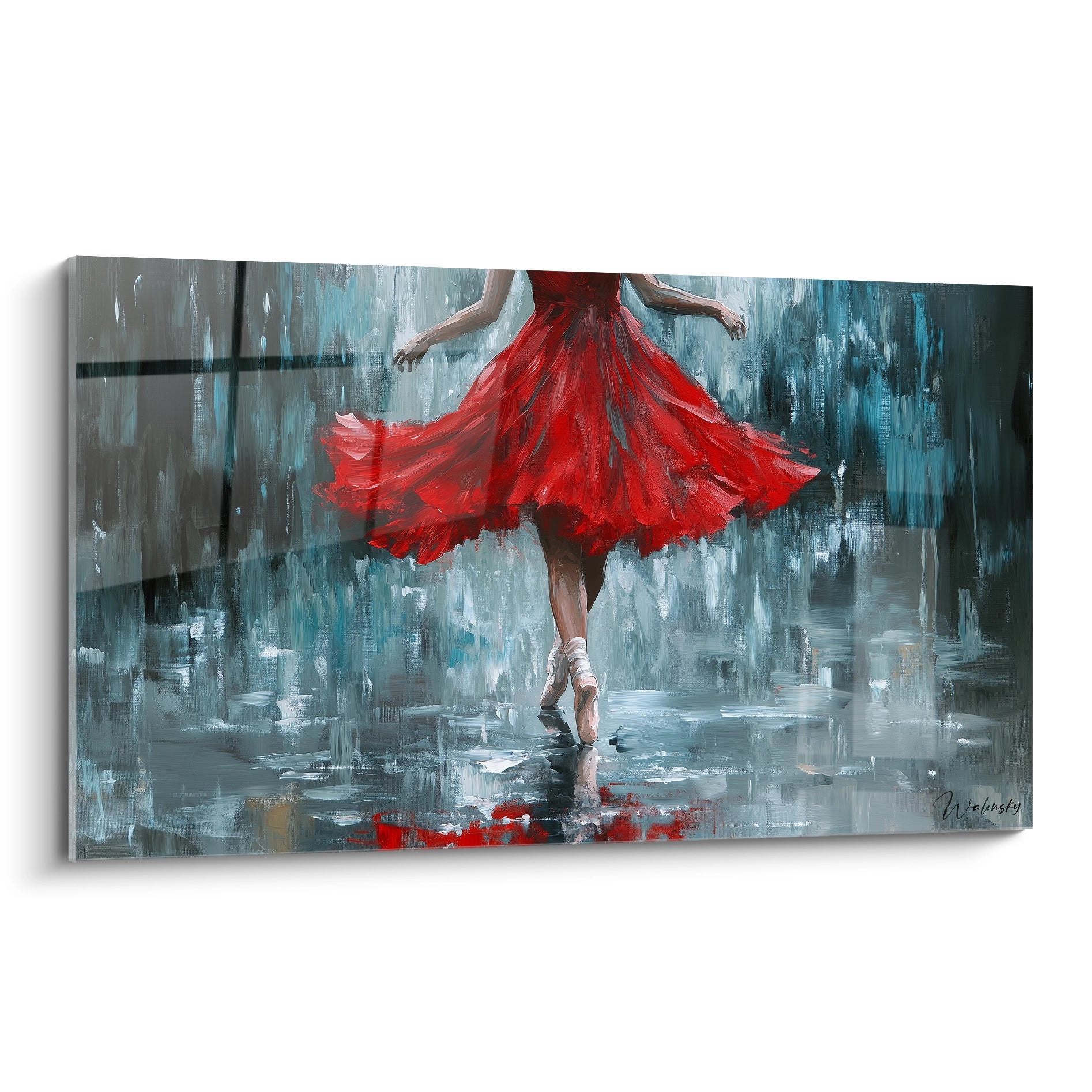 Un tableau danseuse abstrait montrant une danseuse en mouvement, avec une robe rouge vif, sur fond bleu et gris, avec des textures fluides et des éclats de peinture.

