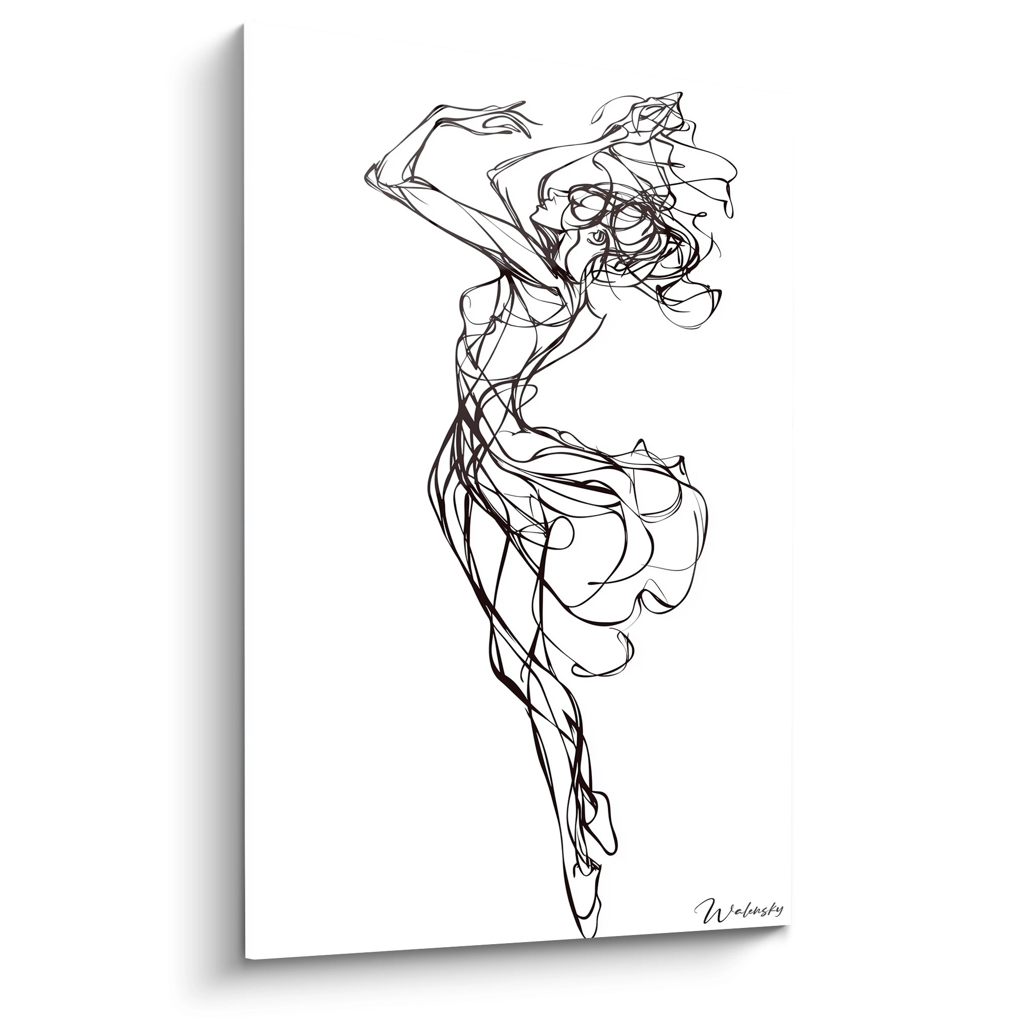 Un tableau danseuse abstrait montrant une silhouette fluide tracée en noir sur fond blanc, avec des lignes entrelacées formant des textures légères et dynamiques.

