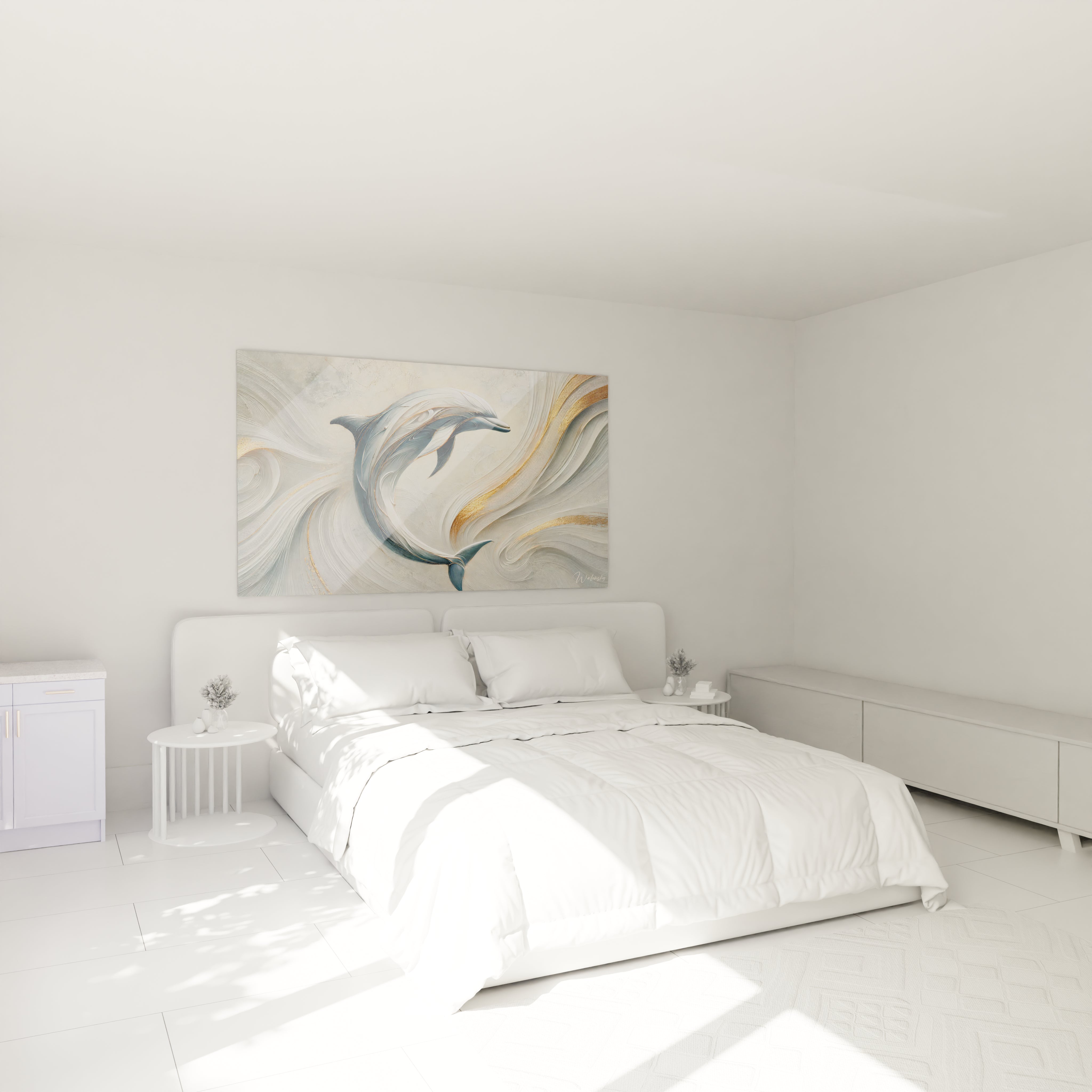 tableau dauphin accroche au dessus du lit cree une ambiance apaisante dans la chambre. Les touches dorees apportent chaleur et serenite, faisant de ce tableau un point focal parfait pour un interieur calme.

