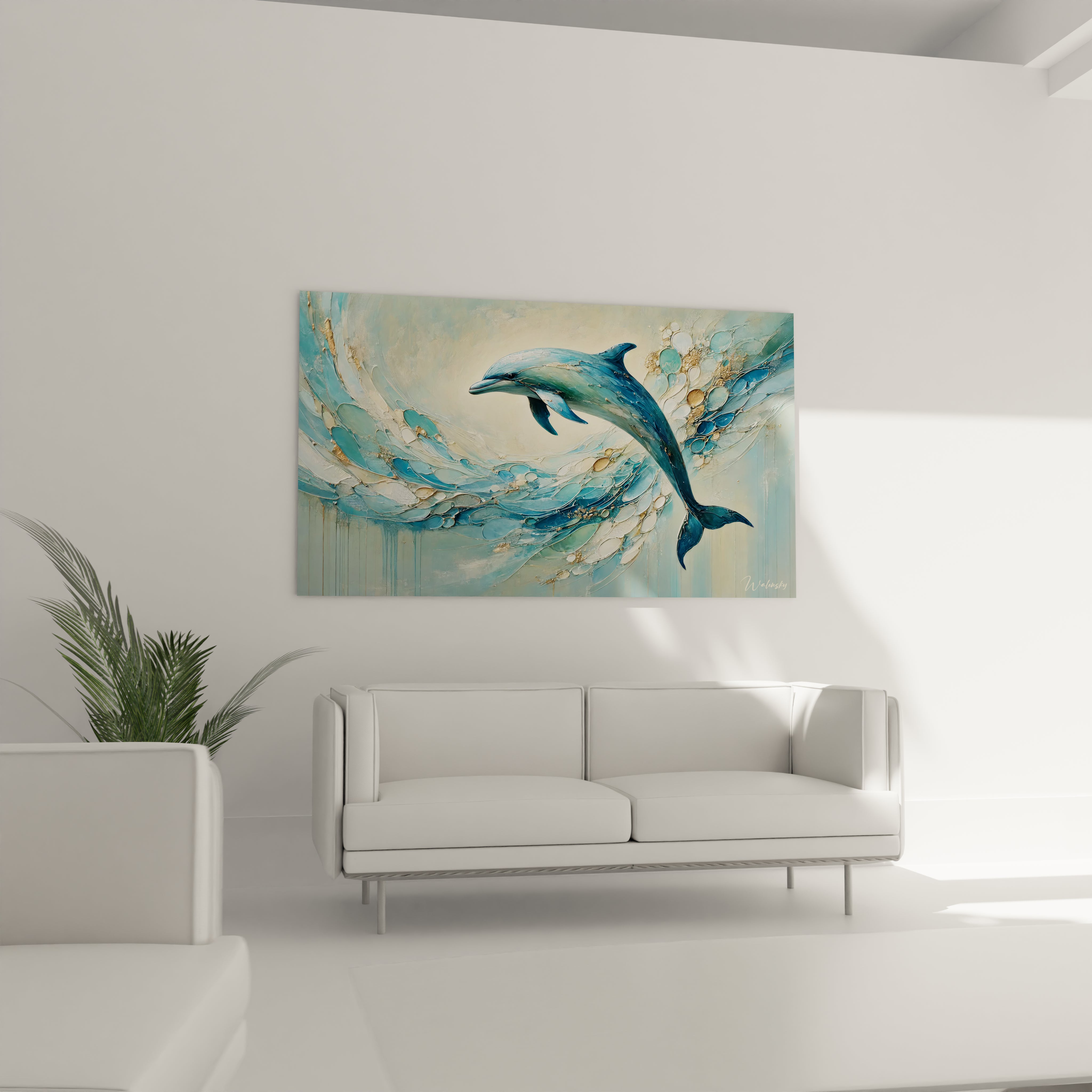 Dans le salon, tableau dauphin au-dessus du canape apporte une sensation d'evasion. Les teintes bleue et doree evoquent la mer et la lumiere, creant un effet apaisant pour une ambiance relaxante.

