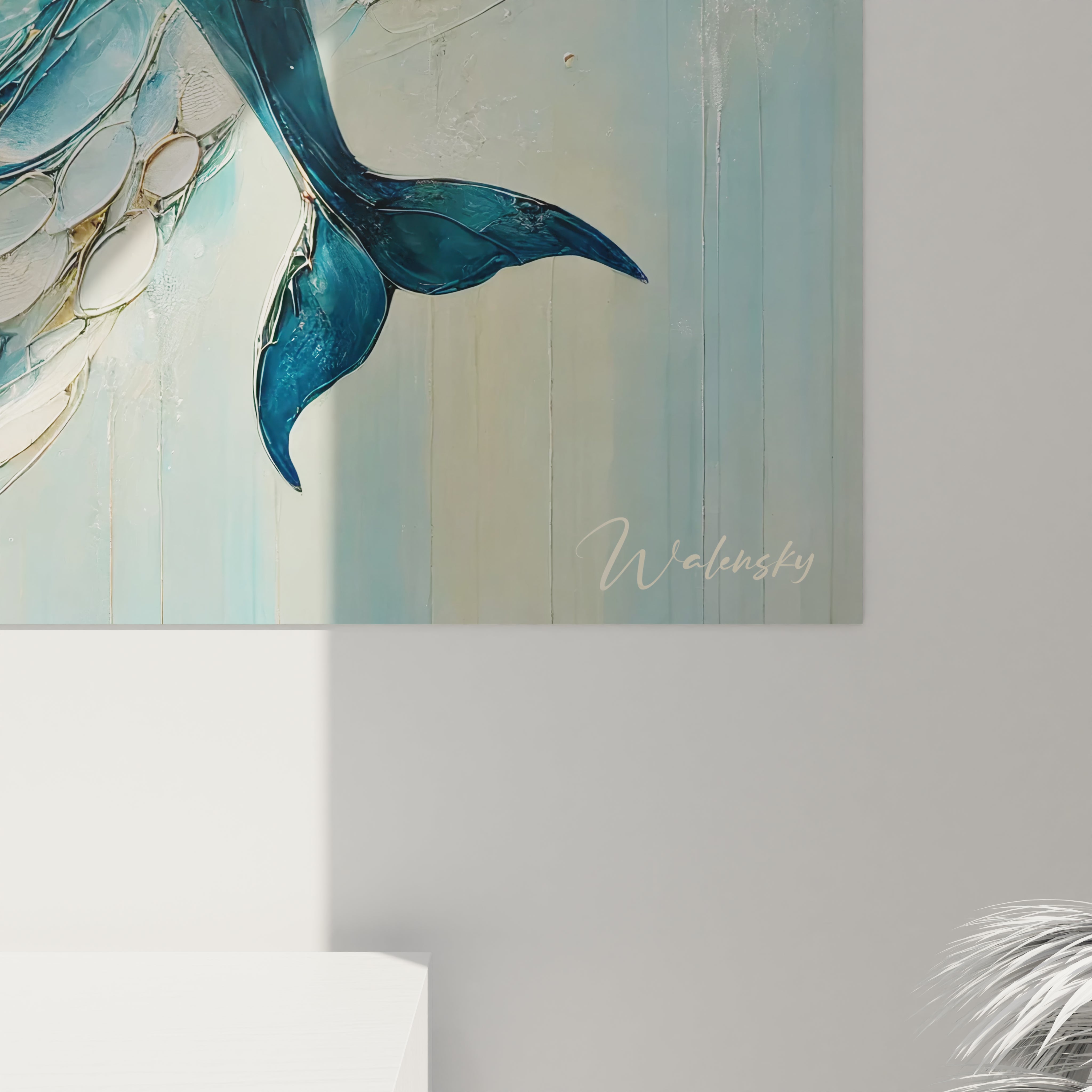 tableau dauphin en gros plan revele des details textures. Le relief des vagues et du corps du dauphin ajoute de la profondeur a cette scene marine poetique, ideale pour enrichir votre decor interieur.






