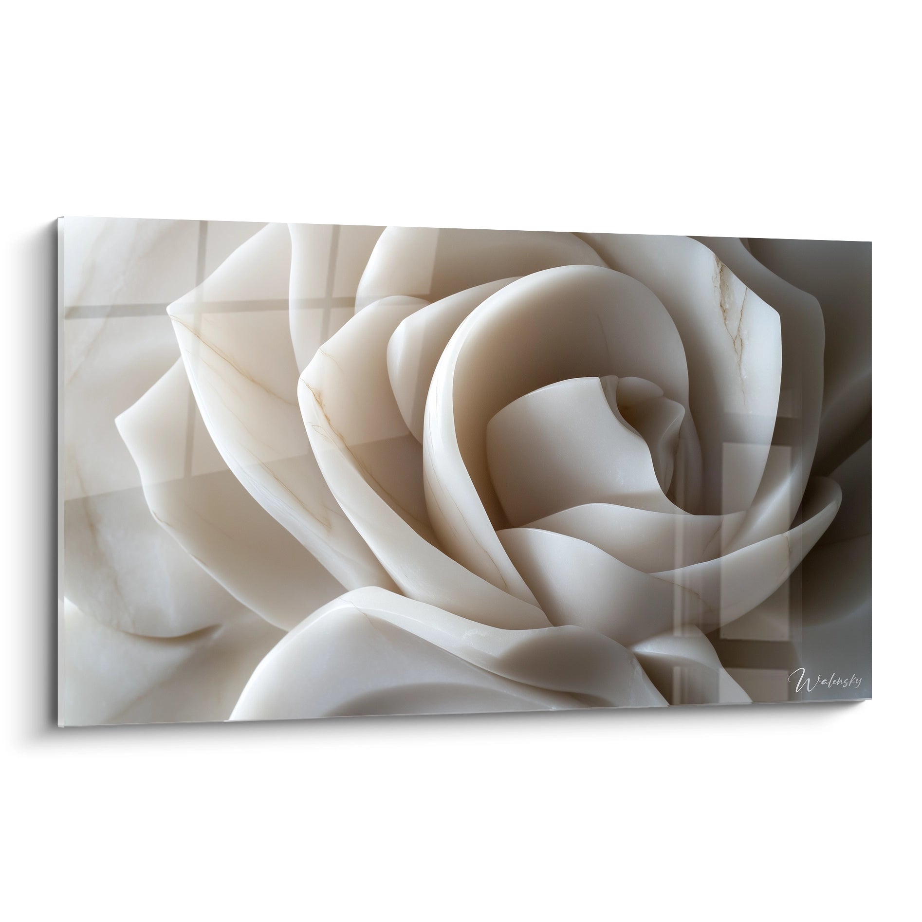 Un tableau rose nature représentant une composition de pétales sculptés en relief, avec des nuances de blanc, beige et or, et des textures lisses rappelant le marbre.

