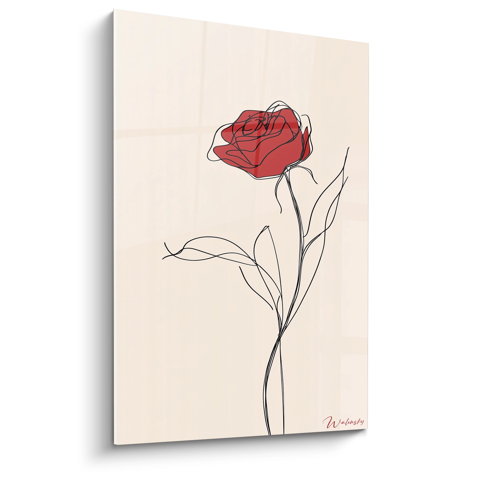 Un tableau rose nature illustrant une rose rouge stylisée sur fond beige, avec des lignes noires fluides et épurées, créant un contraste graphique sans relief ni texture apparente.

