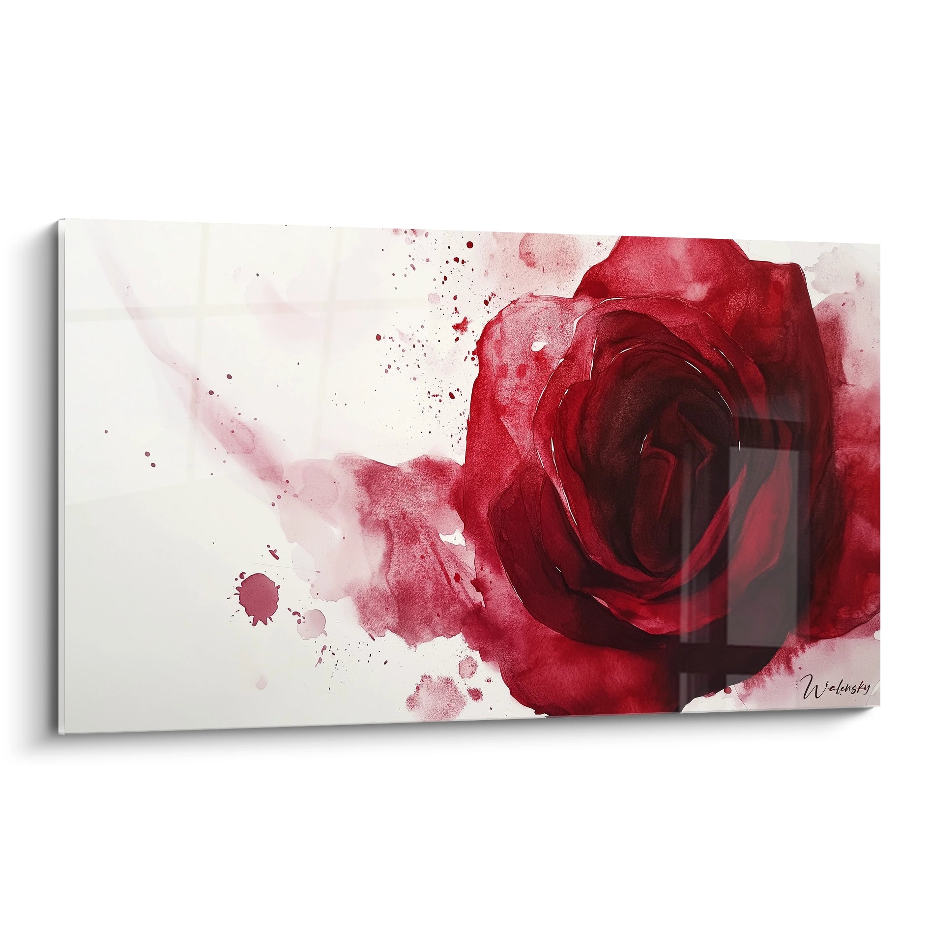 Un tableau rose nature représentant une rose abstraite en rouge profond sur fond blanc, avec des éclaboussures et des dégradés fluides, créant un effet de transparence et de mouvement.

