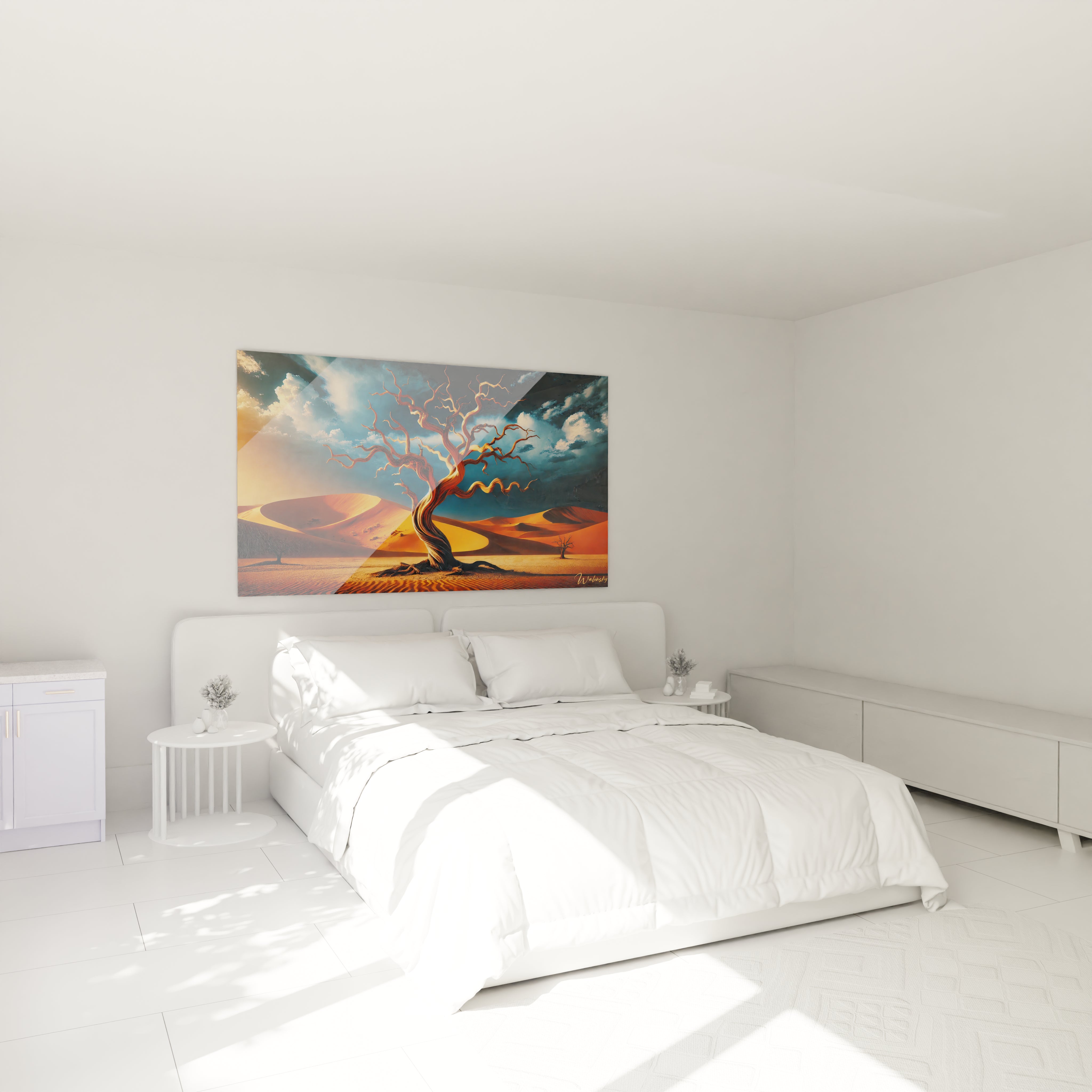 Tableau Desert au-dessus du lit dans une chambre. La scene onirique des dunes et du ciel crepusculaire ajoute une ambiance paisible et evocatrice, parfaite pour un espace de repos et de contemplation.

