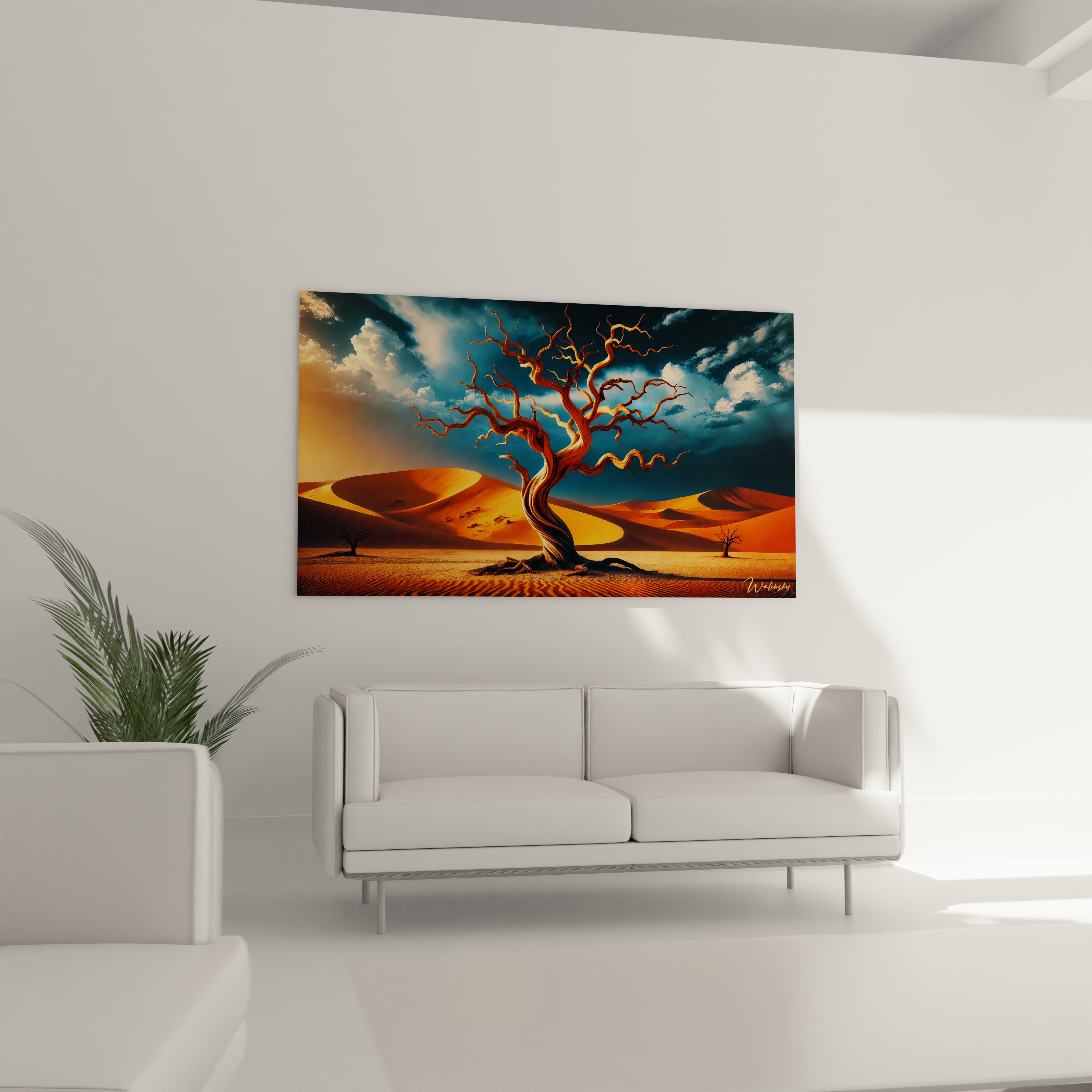 Tableau Desert accroche au-dessus du canape dans un salon. Le contraste des couleurs chaudes du sable et du ciel marine cree une atmosphere enveloppante et accueillante pour sublimer votre espace.

