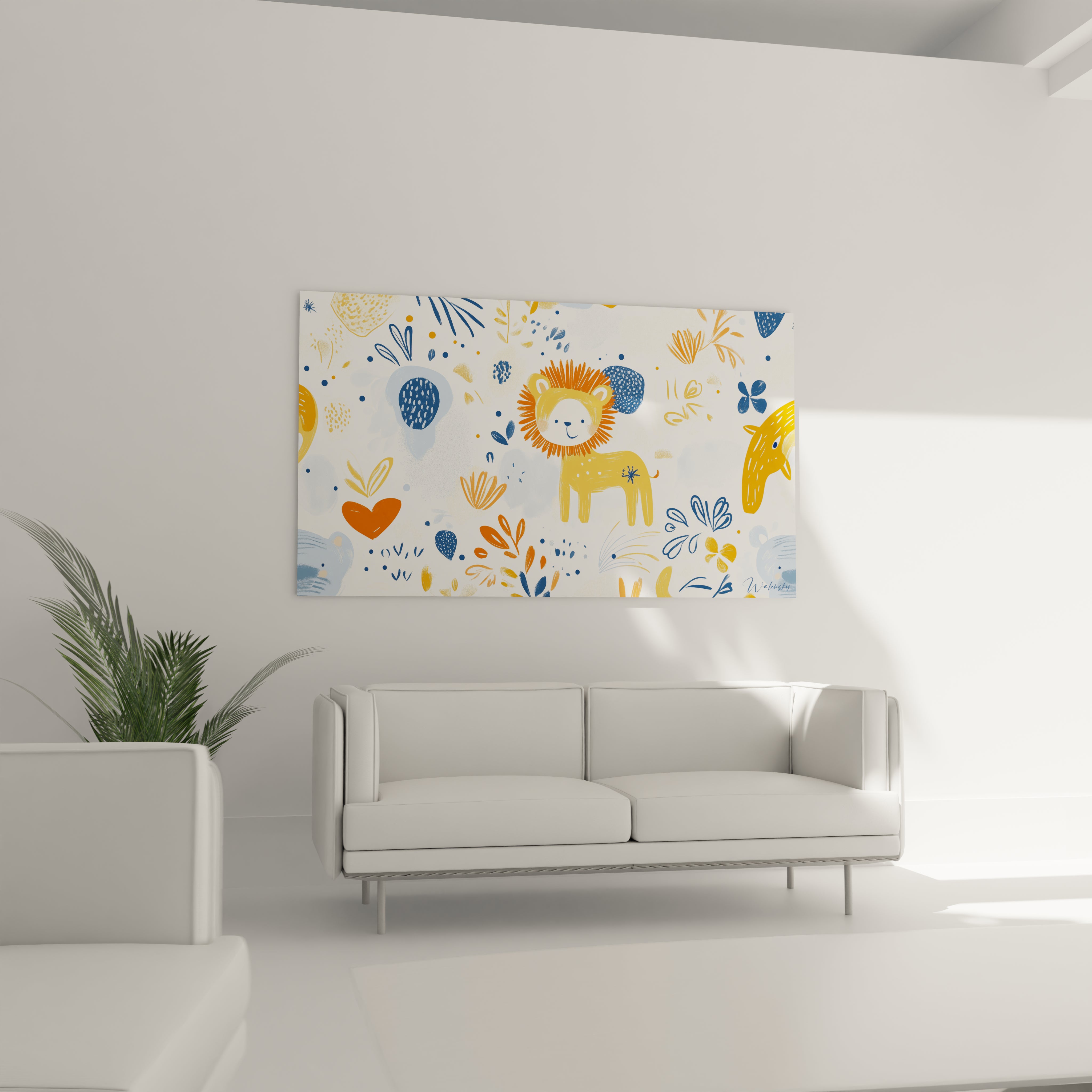 Un tableau dessin pour enfant représentant une composition d’animaux et de plantes, en jaune, orange et bleu, avec des textures légères, des motifs graphiques et un fond ponctué de formes géométriques.

