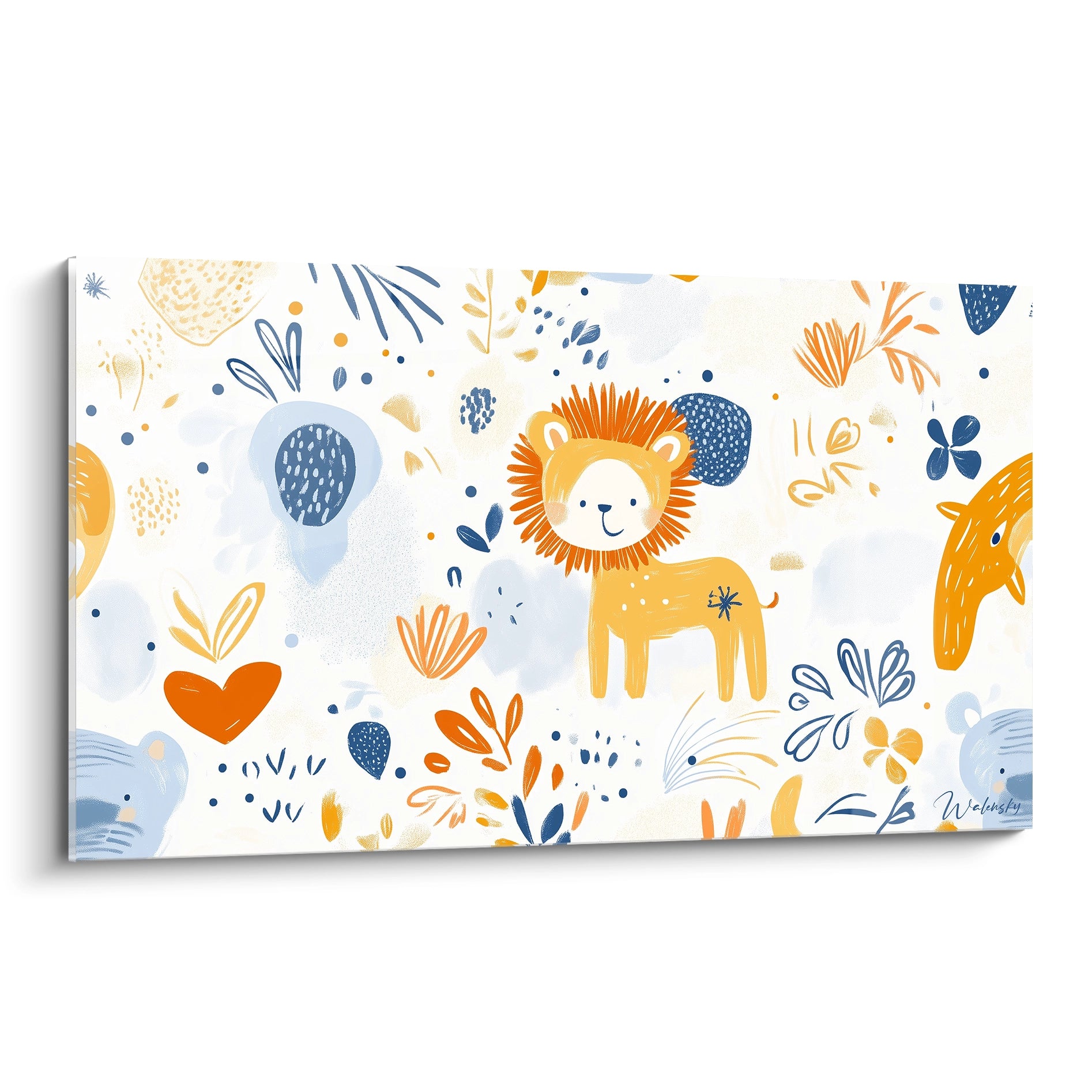 Un tableau dessin pour enfant illustrant des animaux stylisés, avec un lion orange, une girafe jaune et un hippopotame bleu, sur un fond blanc agrémenté de motifs végétaux et de touches graphiques.

