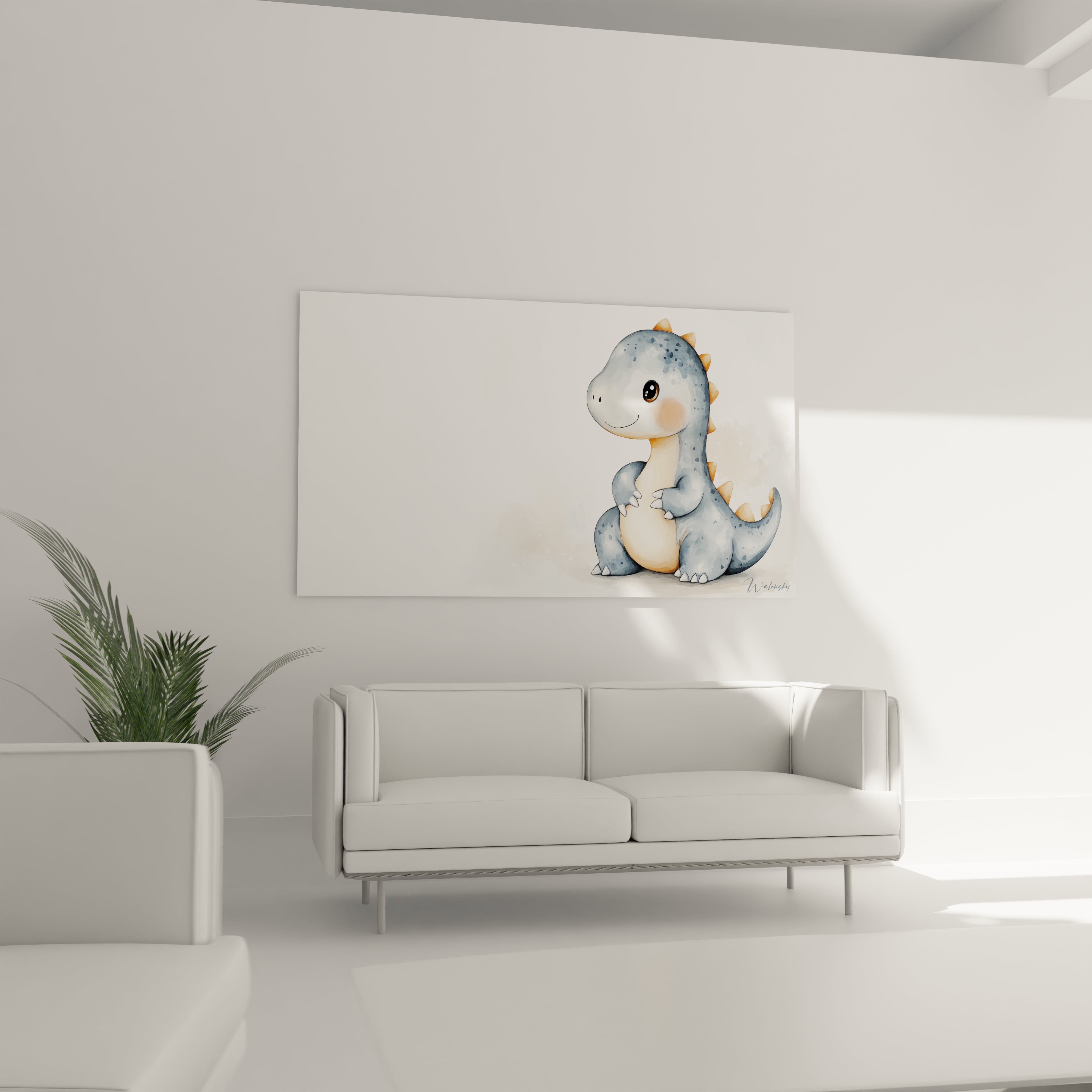 Un tableau dinosaure pour enfant illustrant un dinosaure debout sur un fond clair, aux couleurs dominantes bleu-gris, beige et orange, avec un effet pictural fluide et des contours arrondis.

