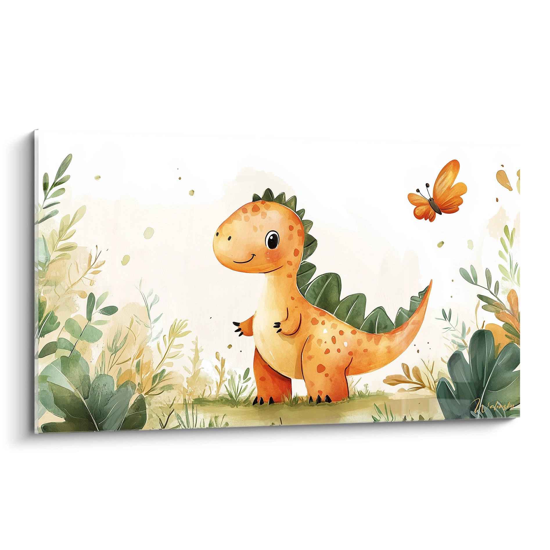 Un tableau dinosaure pour enfant représentant un dinosaure orange avec des écailles vertes, entouré de feuillage beige et vert. Effet aquarelle diffus avec textures douces et contours précis.

