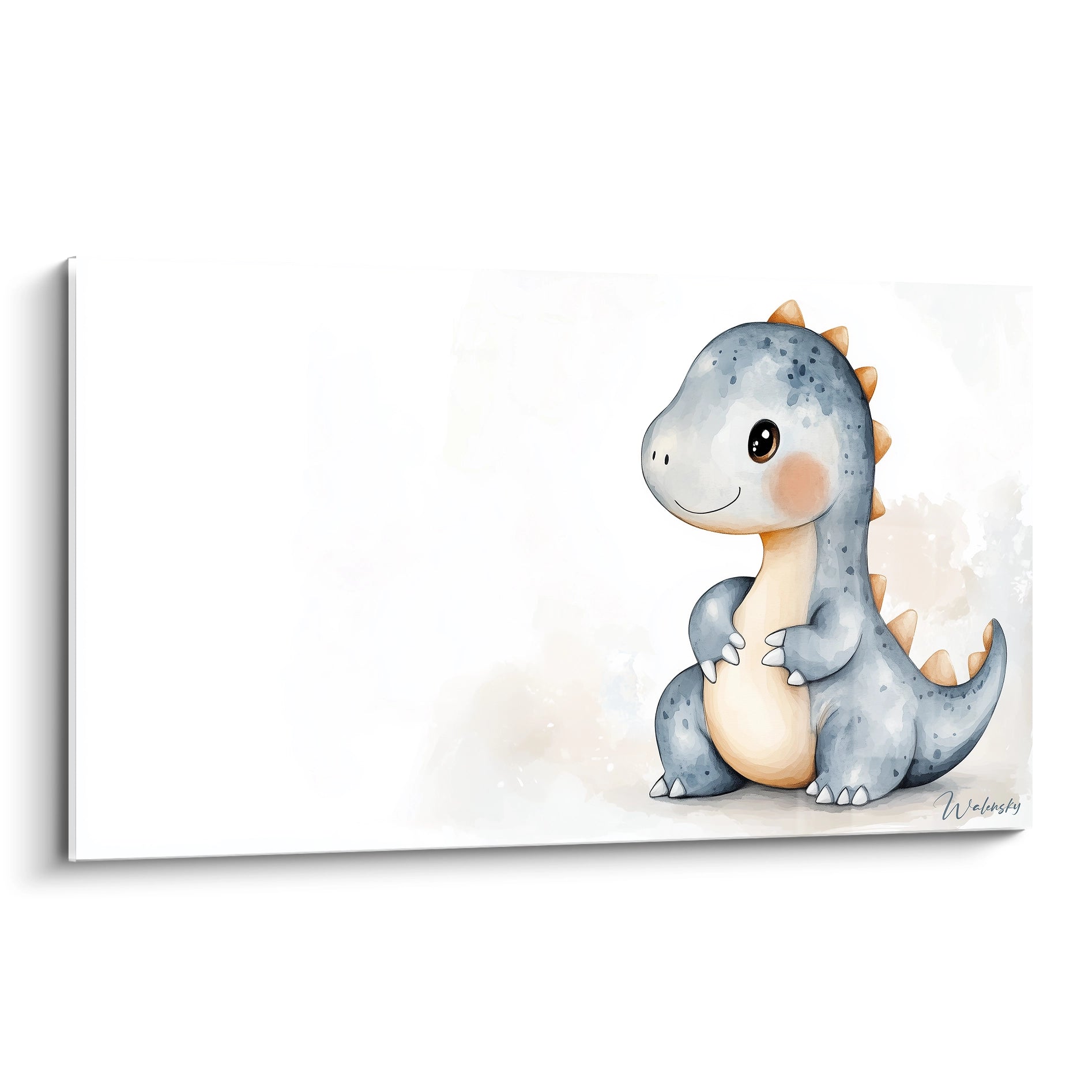 Un tableau dinosaure pour enfant représentant un dinosaure debout, avec un corps bleu-gris, un ventre beige et des écailles orange, illustré avec des contours doux et une texture aquarelle lisse.

