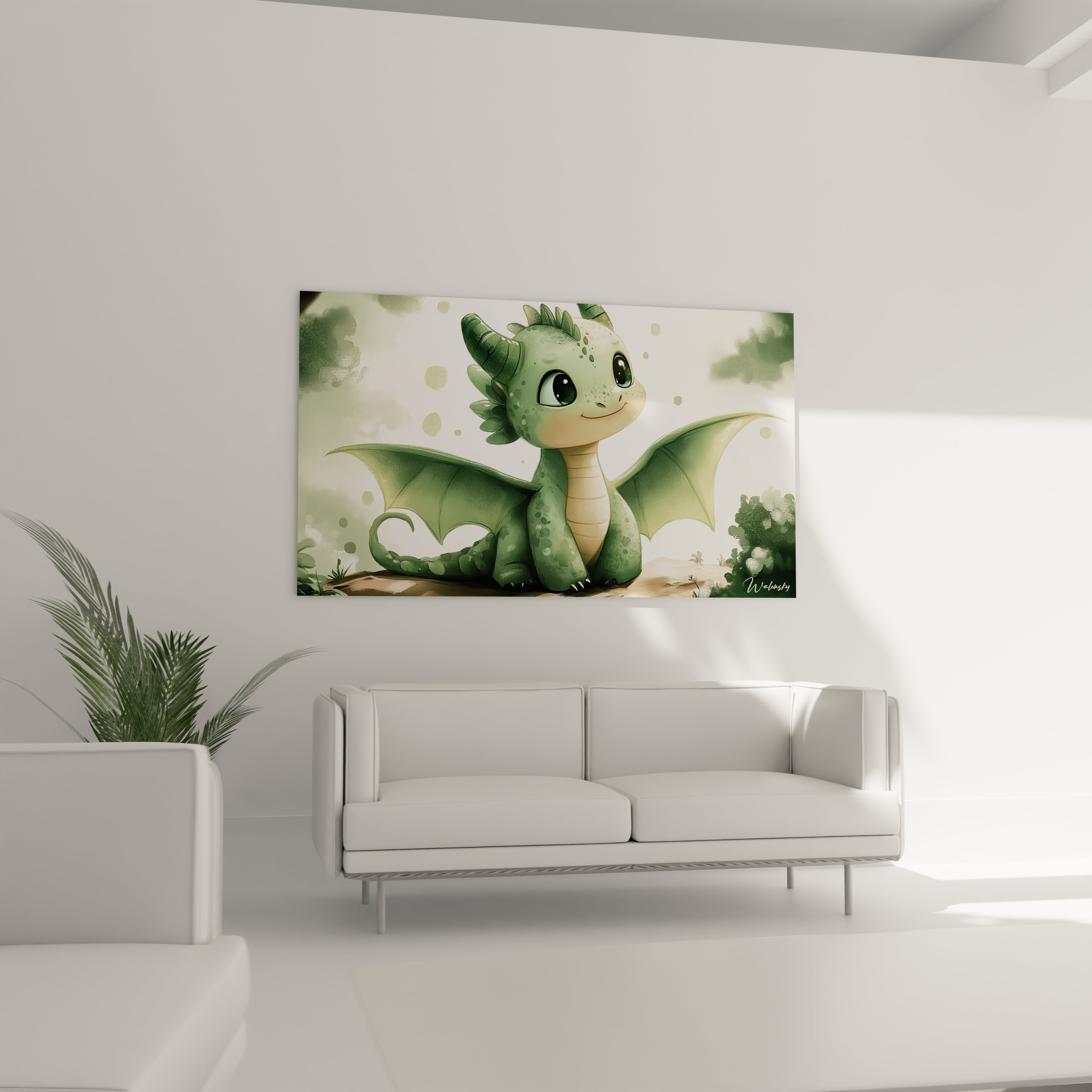 Un tableau dragon pour enfant montrant un dragon vert aux cornes arrondies, posé sur un sol beige. L’image présente des transitions de couleur douces et un effet pictural légèrement aquarellé.

