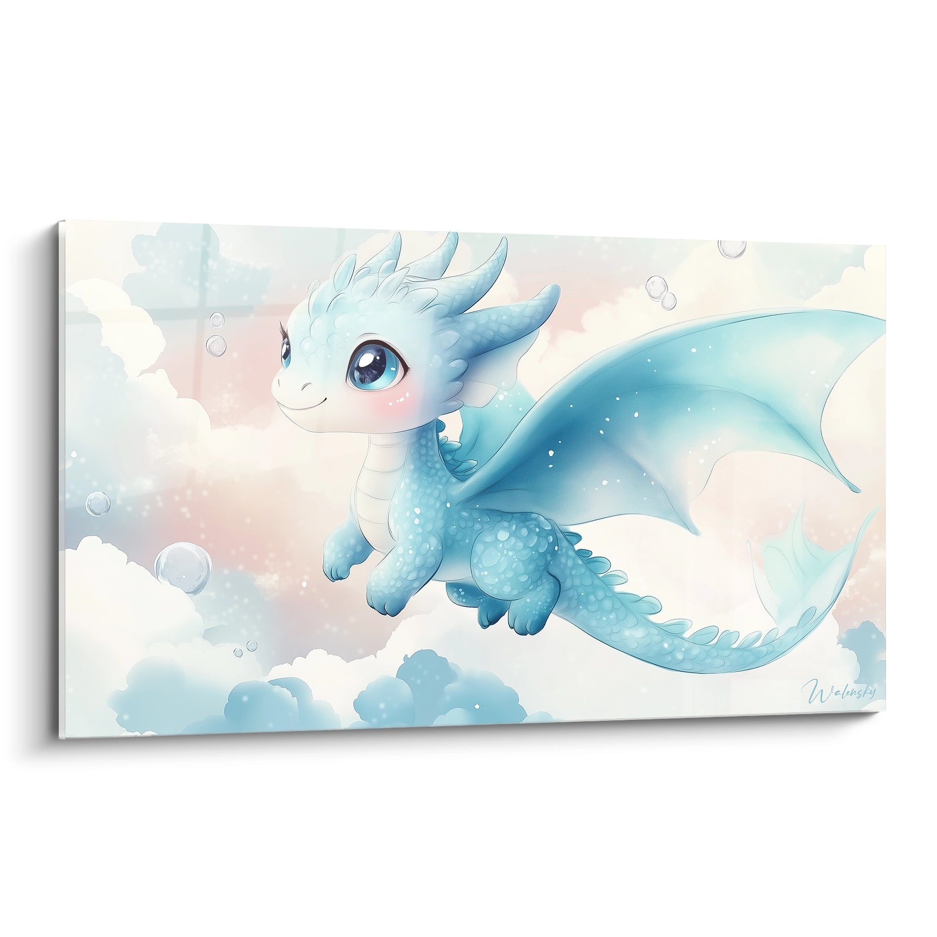 Un tableau dragon pour enfant représentant un dragon bleu aux ailes déployées, entouré de nuages blancs et de bulles translucides, avec des textures lisses et des dégradés doux.

