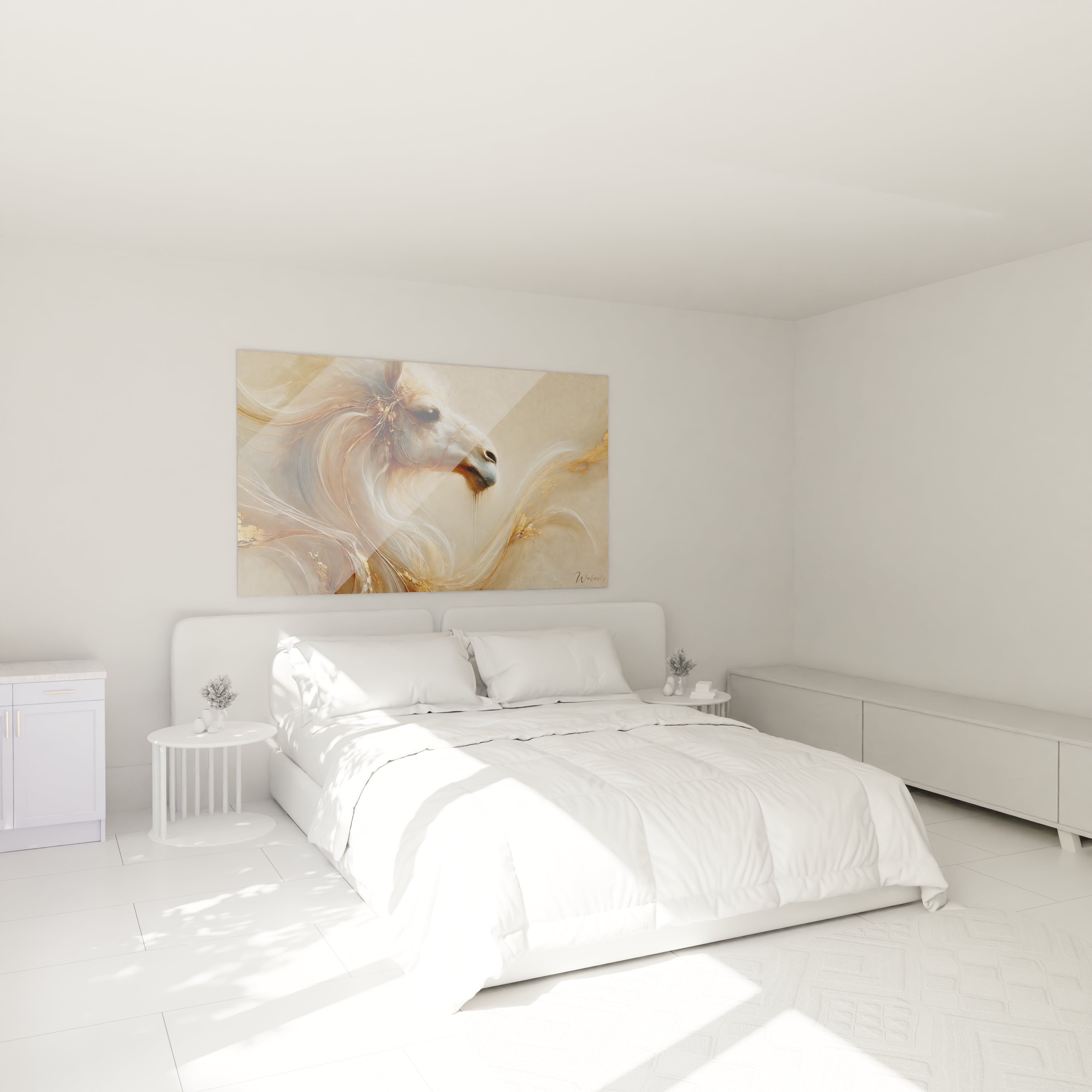 tableau dromadaire accroché au-dessus d’un lit dans une chambre. Les couleurs blanc or et beige s’harmonisent parfaitement avec le décor, ajoutant une touche élégante et apaisante à l’espace.

