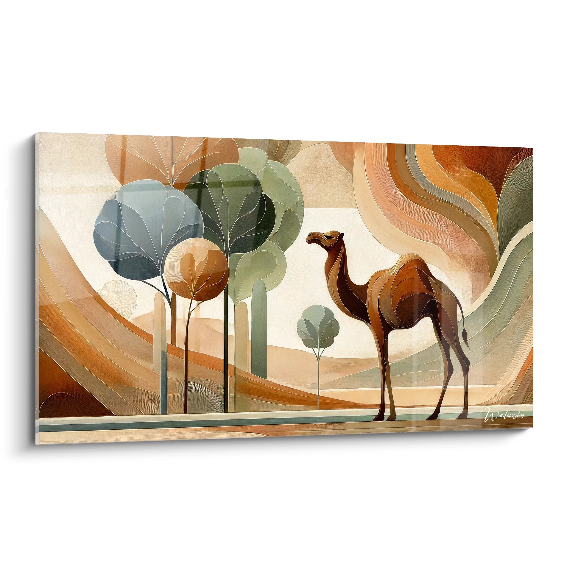 tableau dromadaire en vue de biais avec des tons marron vert et beige harmonie entre l animal et son environnement courbes et formes geometriques poetisent ce desert scene paisible pleine de force

