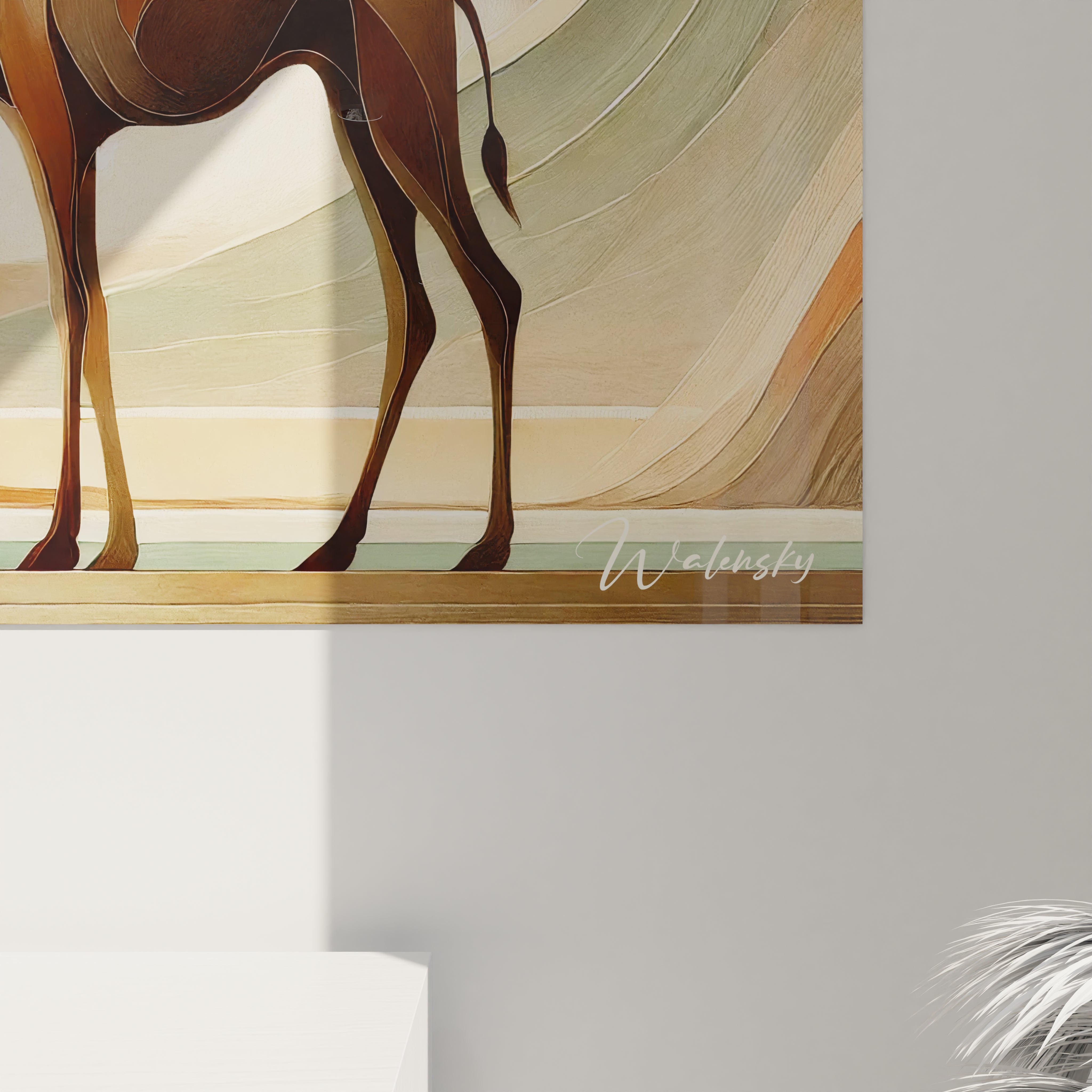 vue de pres du tableau dromadaire details precis et poetiques couleurs marron vert beige symbolisent la fusion du desert et de l animal scene harmonieuse qui invite a la contemplation






