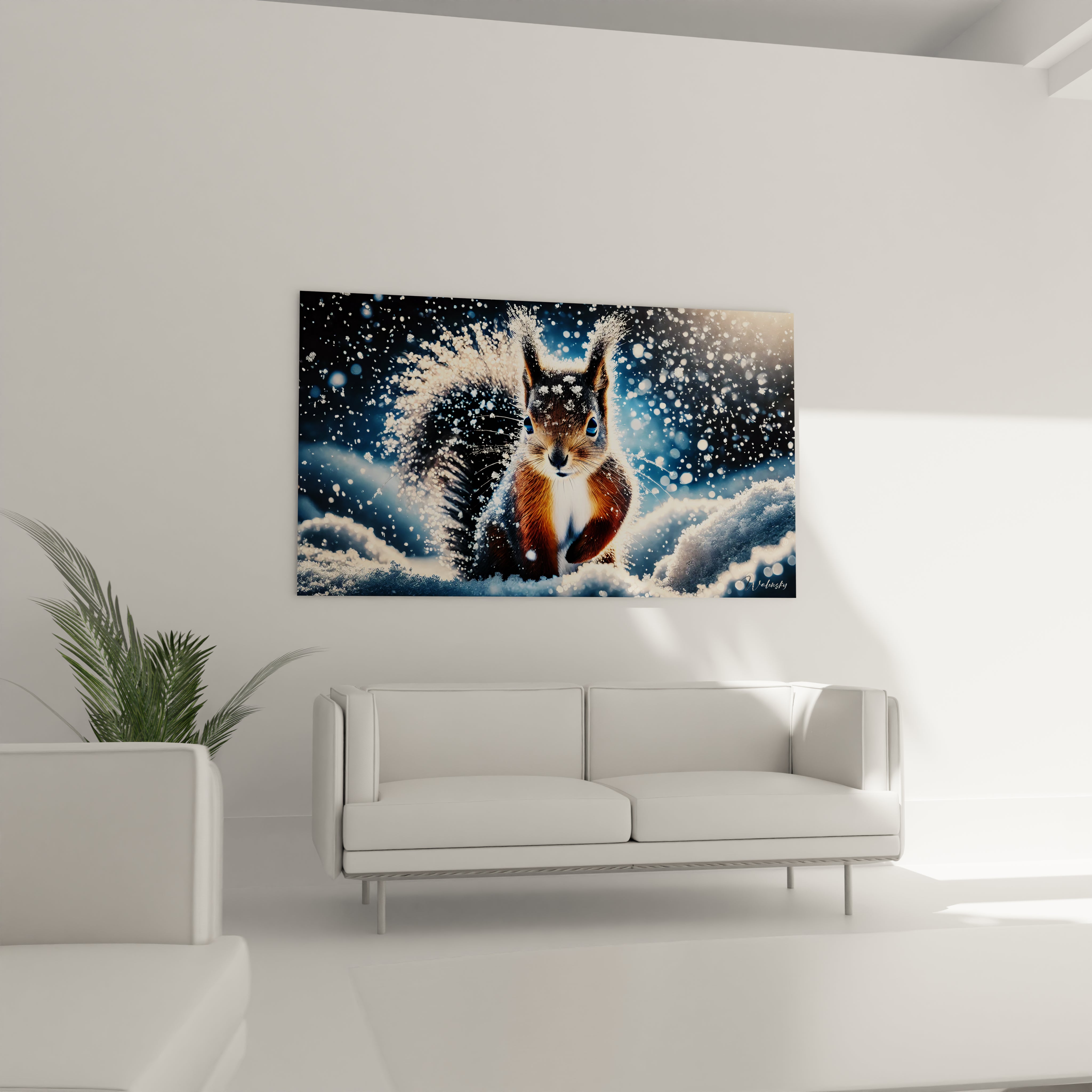 ce tableau ecureuil au dessus du canape dans le salon creer une ambiance apaisante sa scene hivernale contraste joliment avec les elements chaleureux de votre interieur tout en subtilite