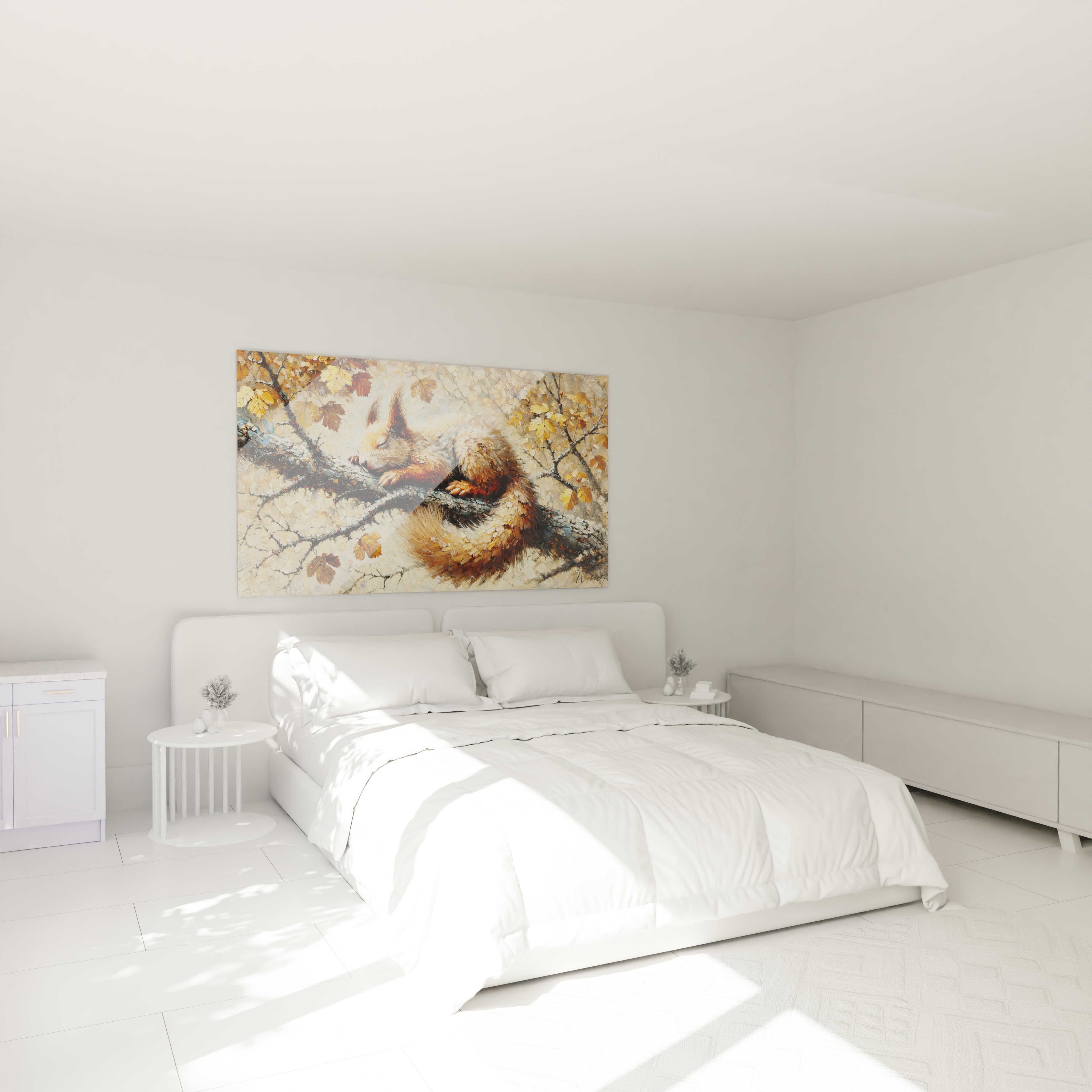 Ce tableau ecureuil au dessus de votre lit cree une ambiance automnale paisible ideale pour une chambre reposante les couleurs chaudes et les details du bois apportent une touche cosy

