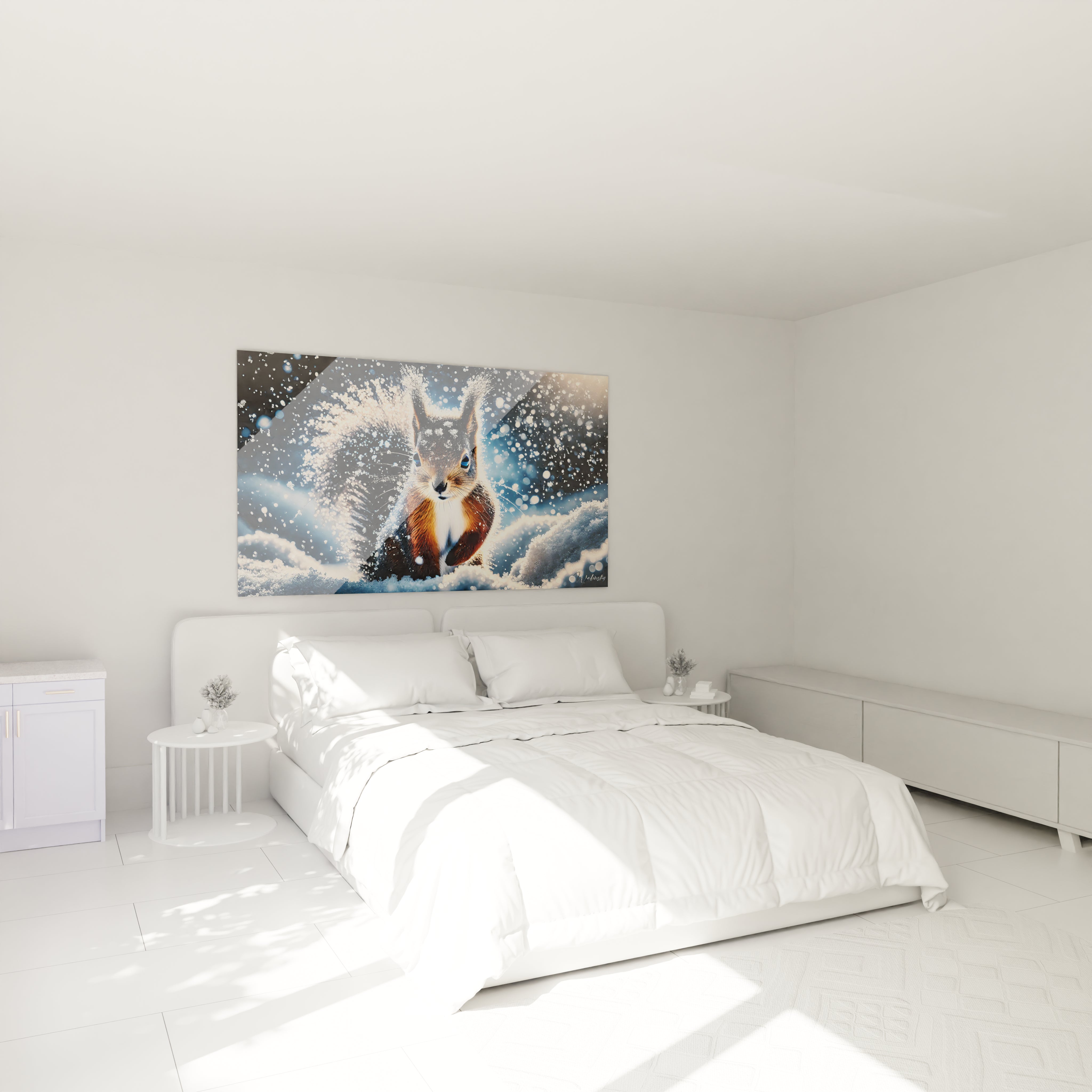 accroche au mur au dessus du lit ce tableau ecureuil ajoute une touche hivernale et elegante a votre chambre sa palette de couleurs apaisantes sublime votre espace avec harmonie et serenite