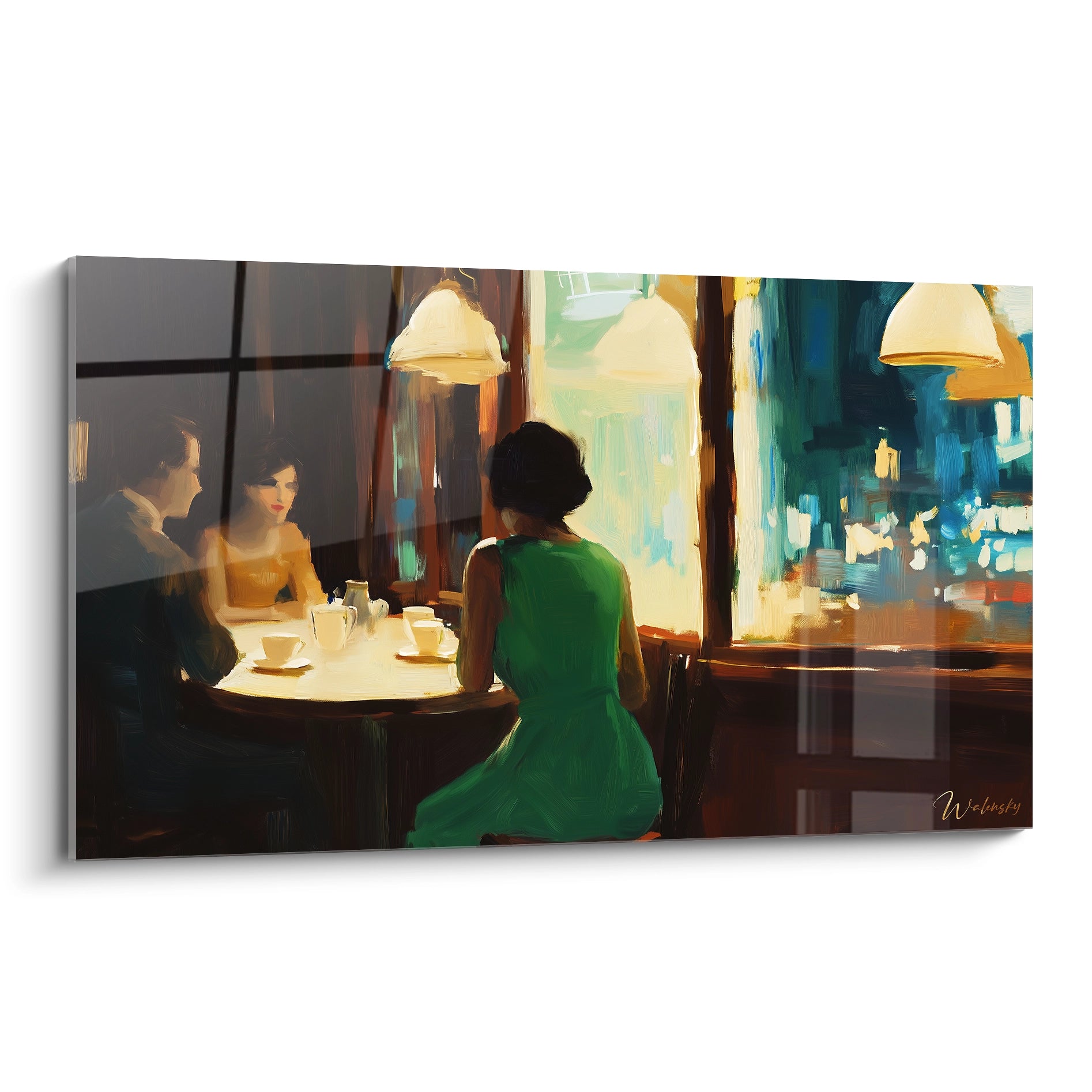 Un tableau Edward Hopper représentant trois personnes assises autour d’une table dans un café, avec des couleurs dominantes beige, vert, et bleu, et des textures lisses et détaillées.

