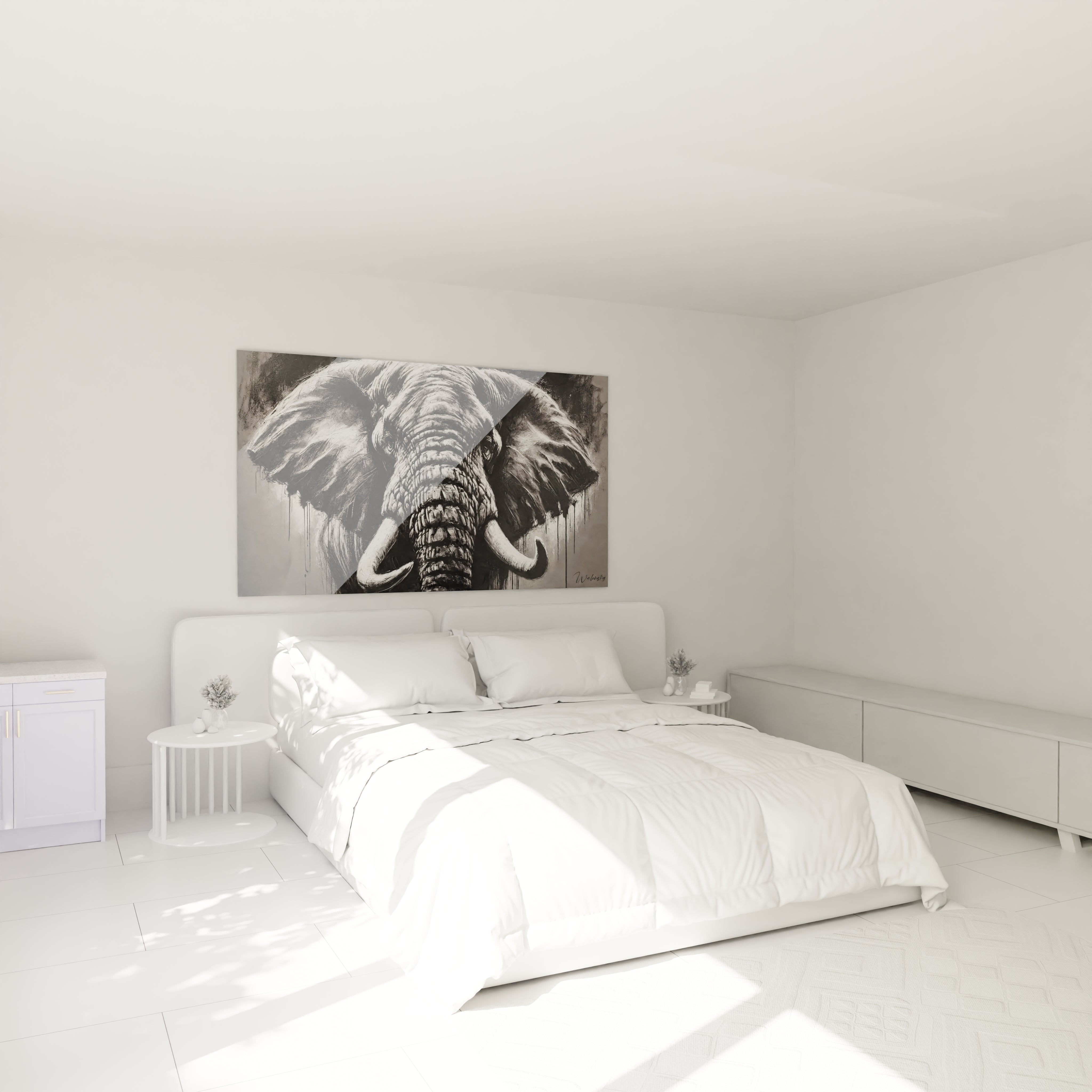 Placé au-dessus du lit dans cette chambre, ce tableau elephant en noir et blanc transforme l'espace en un sanctuaire de force et de sagesse. Sa sobriété enrichit la décoration intérieure tout en imposant sa présence.

