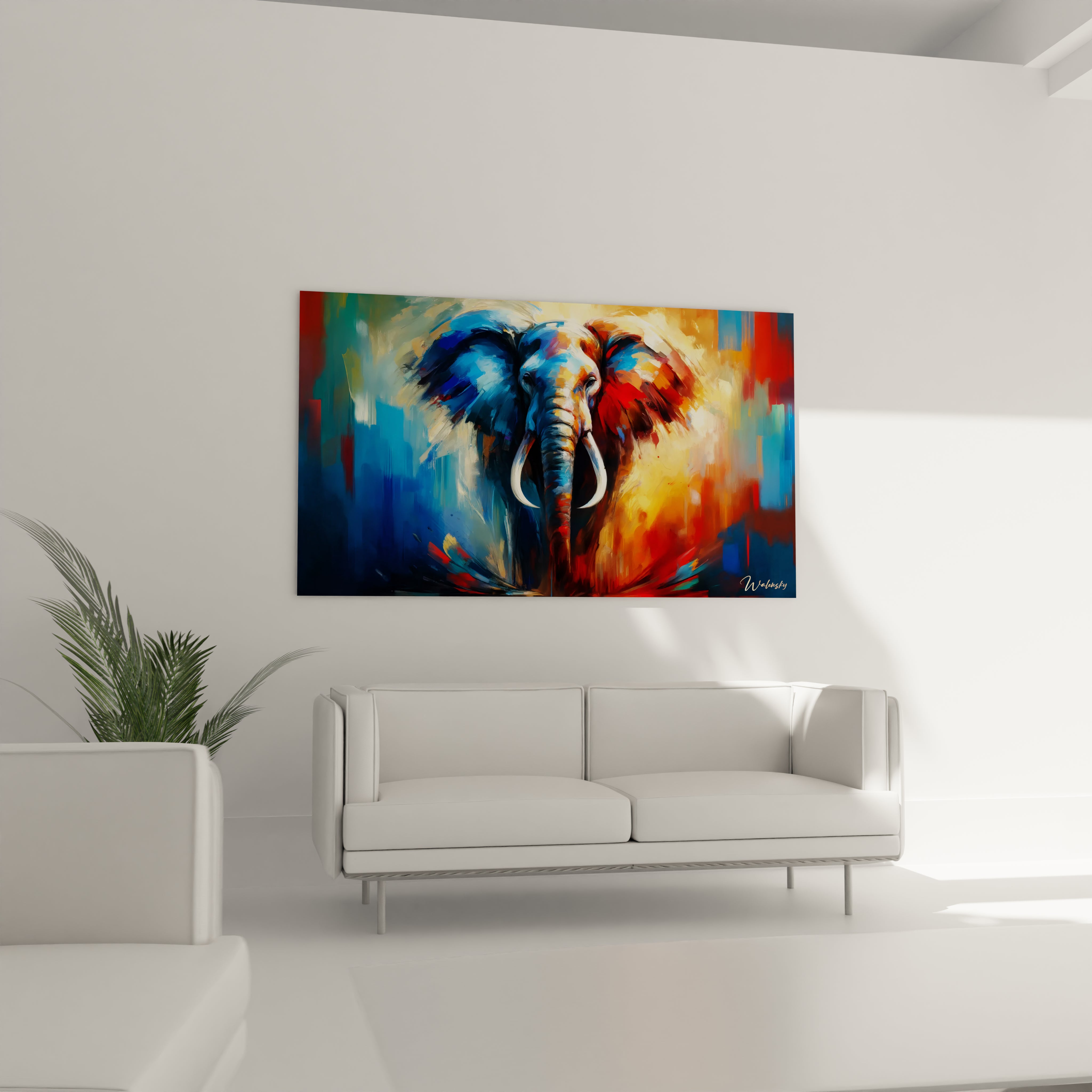 Dans un salon, au-dessus d'un canapé, ce tableau elephant attire tous les regards. L'éléphant imposant et les couleurs audacieuses, principalement bleues et rouges, insufflent vie et mystère à l'espace.

