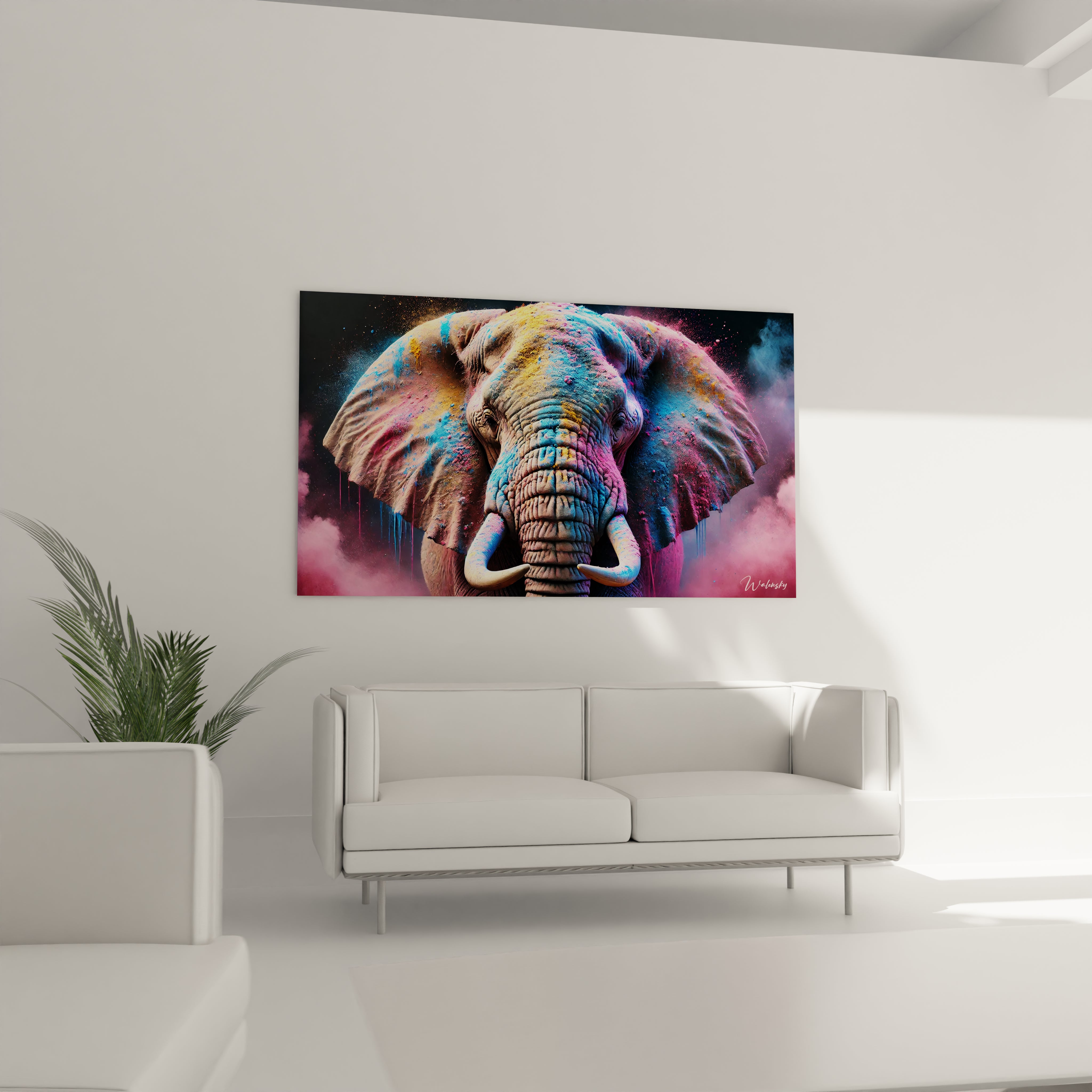 Ce tableau elephant, positionné au-dessus d'un canapé dans un salon, offre une touche artistique forte. Les éclaboussures de couleurs vives apportent un effet visuel saisissant qui dynamise l'espace.

