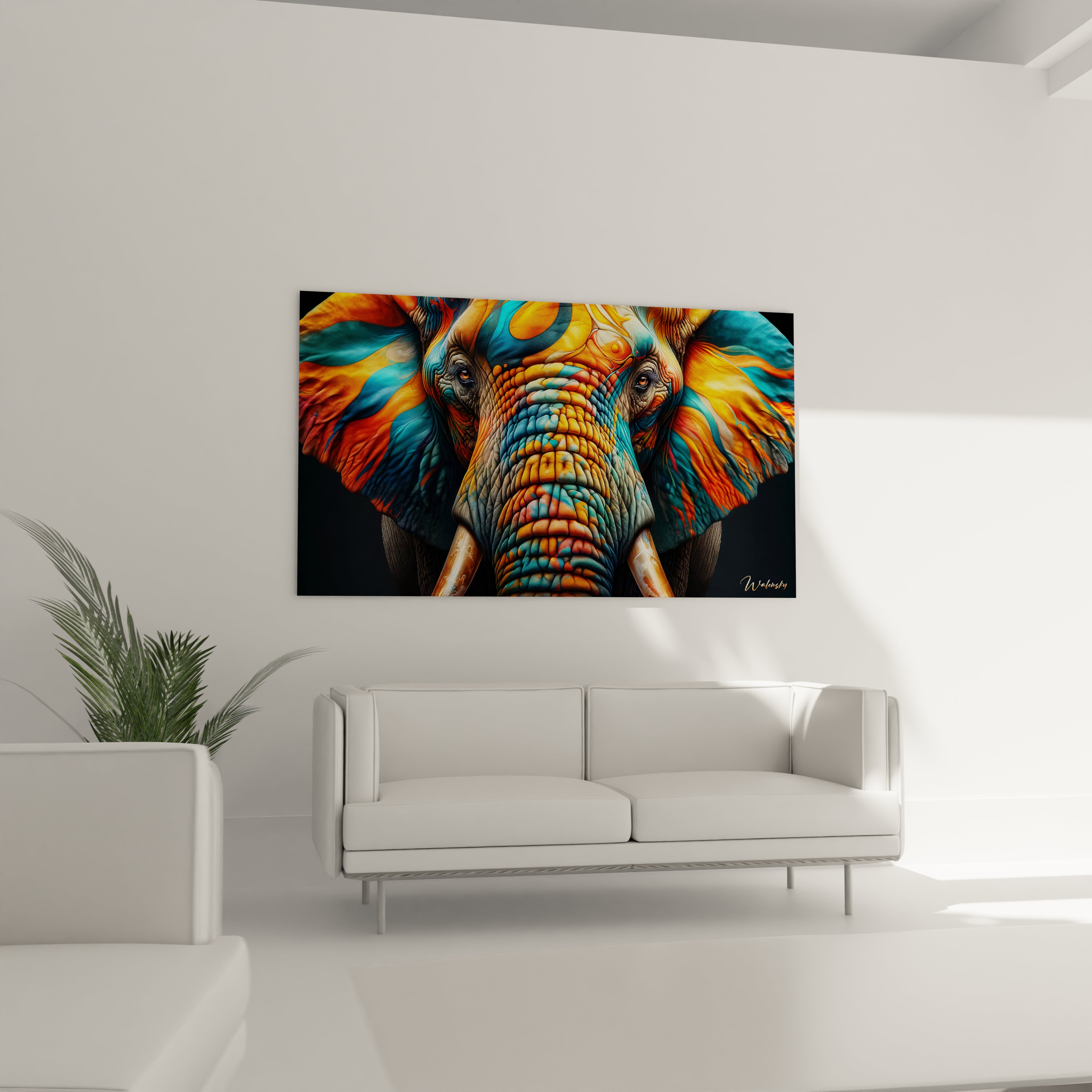 Suspendu au-dessus du canapé dans un salon, ce tableau elephant crée un point focal captivant. Les nuances vibrantes de bleu et d'orange apportent une énergie contemporaine et élégante à l'espace.

