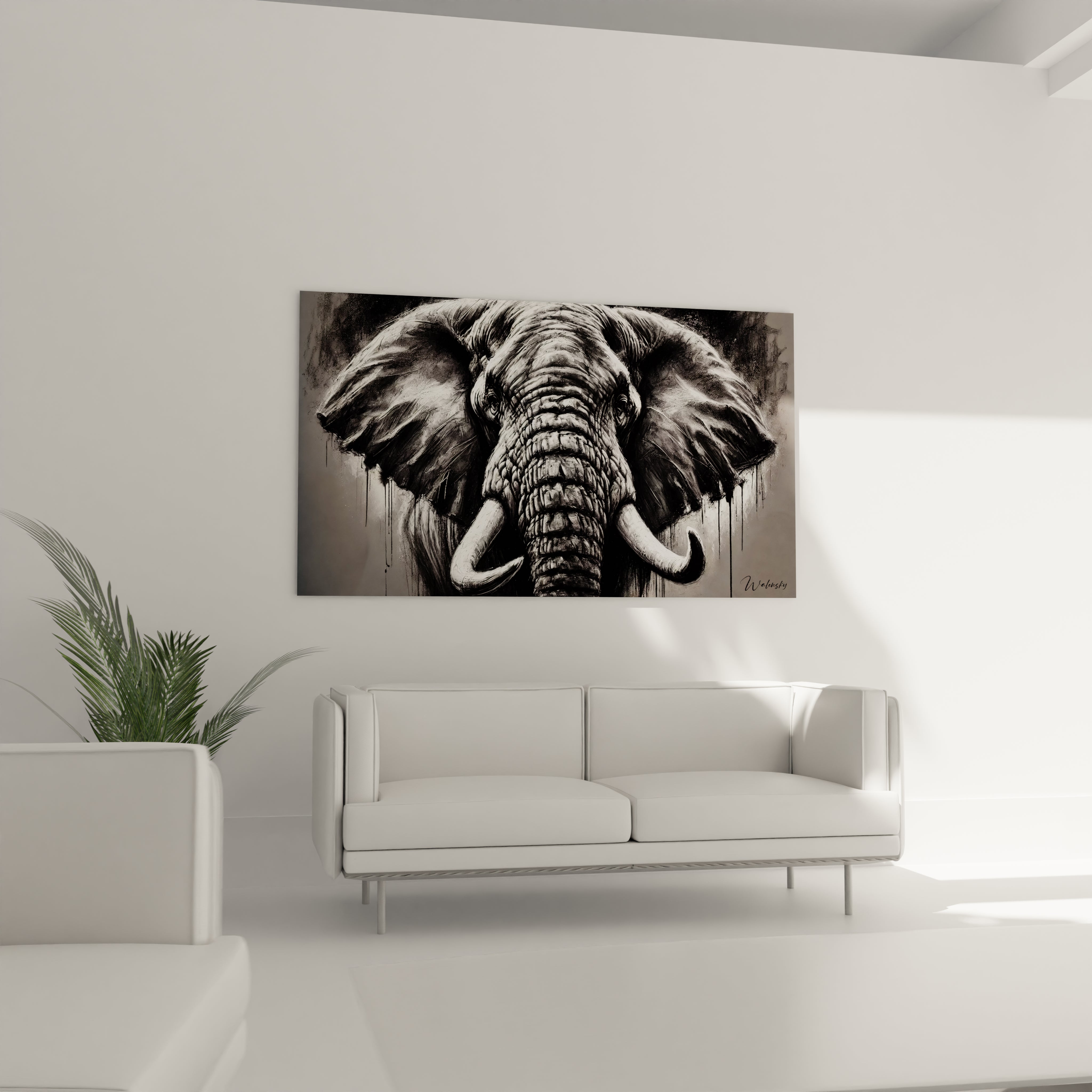 Ce tableau elephant, accroché au-dessus du canapé dans le salon, apporte une touche de majesté avec ses nuances de gris et son aspect minimaliste. Il attire naturellement l'attention et complète l'espace.

