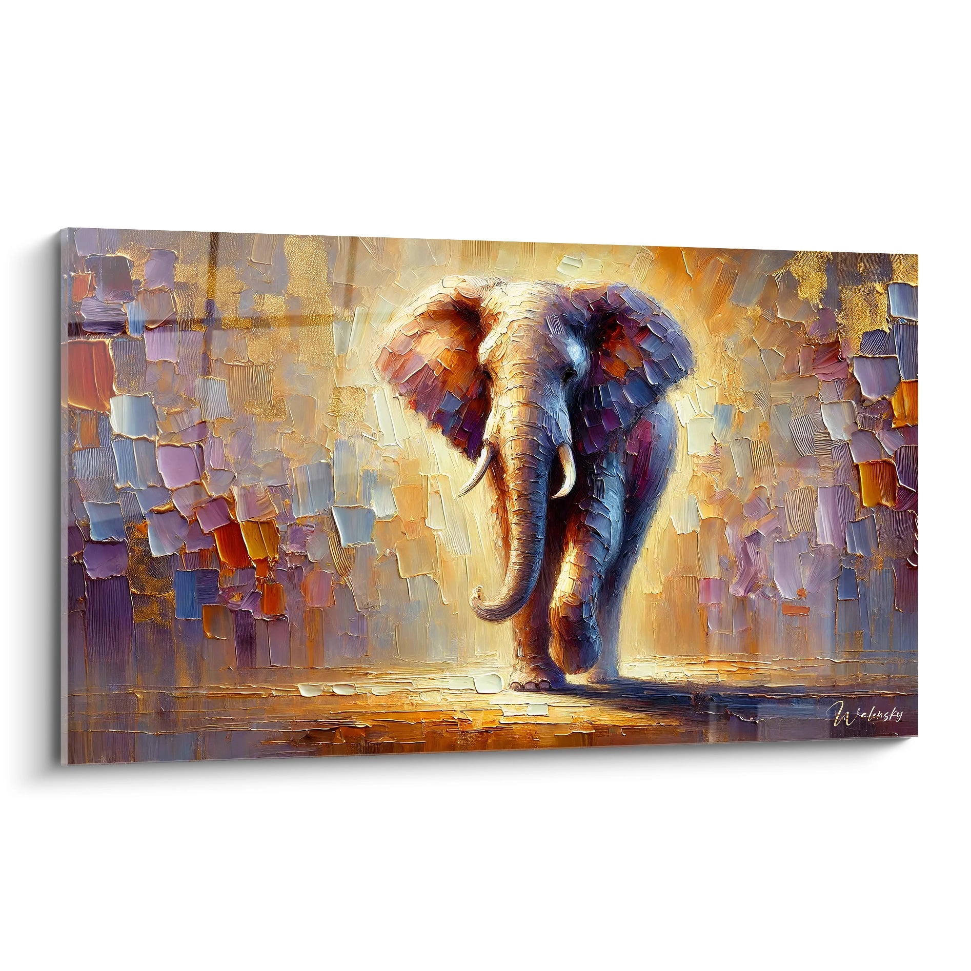 Ce tableau elephant captivant, vu de biais, révèle des détails saisissants. Les couleurs vives et les textures texturées donnent vie à l'éléphant, créant un effet de profondeur unique pour un décor moderne.

