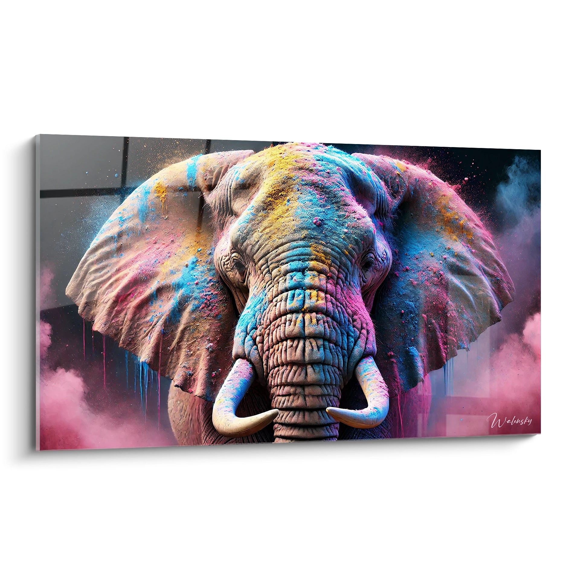 Ce tableau elephant, vu de biais, révèle toute la majesté de l'animal. Les couleurs vibrantes bleu, rose et jaune donnent à l'œuvre une profondeur captivante, idéal pour apporter de la vie à tout espace.

