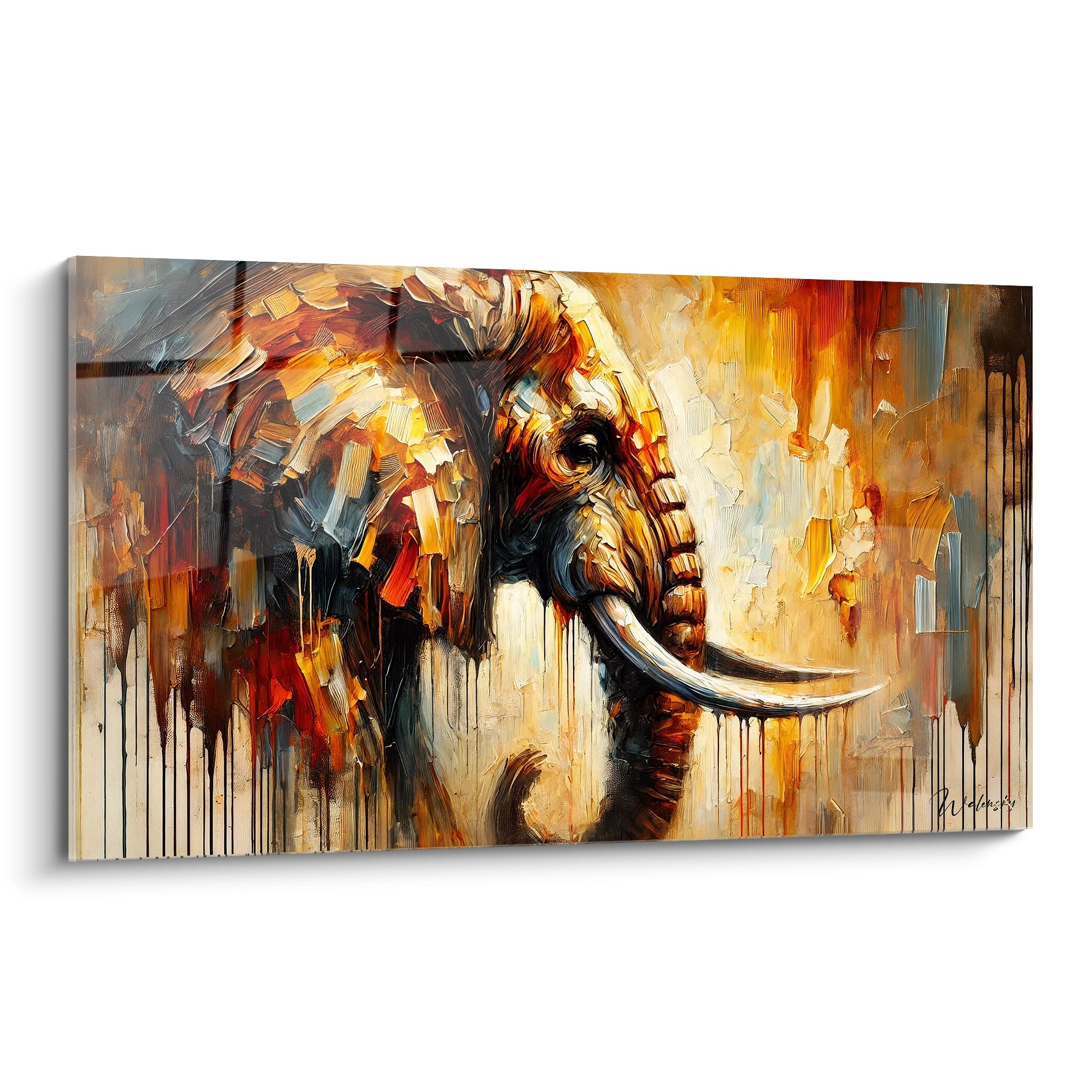 Ce tableau elephant en vue de biais revele ses couleurs vives et textures profondes. Chaque coup de pinceau abstrait de cette œuvre capture la majesté et la puissance de l’animal dans un style unique.

