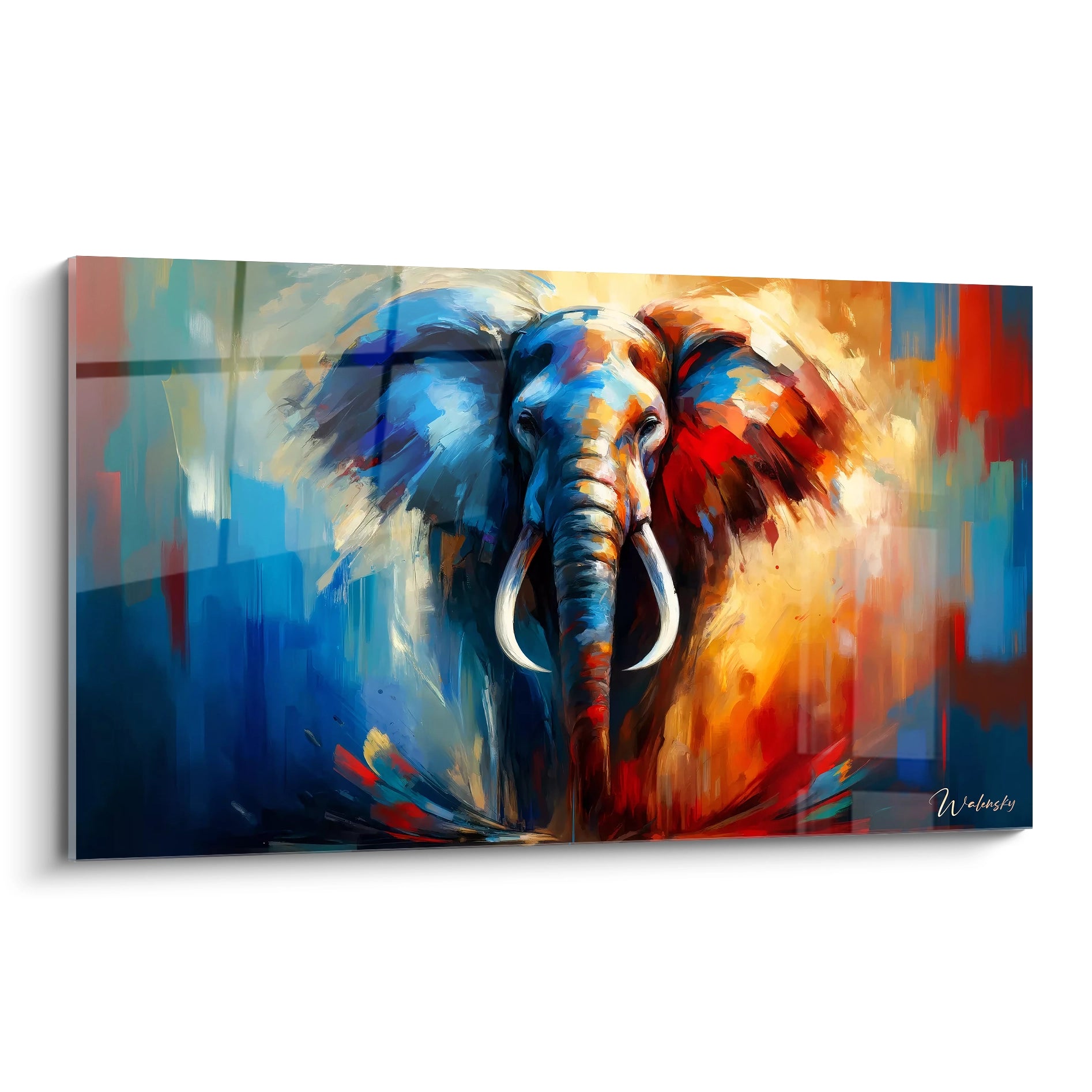 Ce tableau elephant riche en couleurs vives est présenté de biais, capturant l'attention avec ses teintes contrastées. Son mélange de bleu, rouge et orange met en avant la puissance majestueuse de l'elephant.

