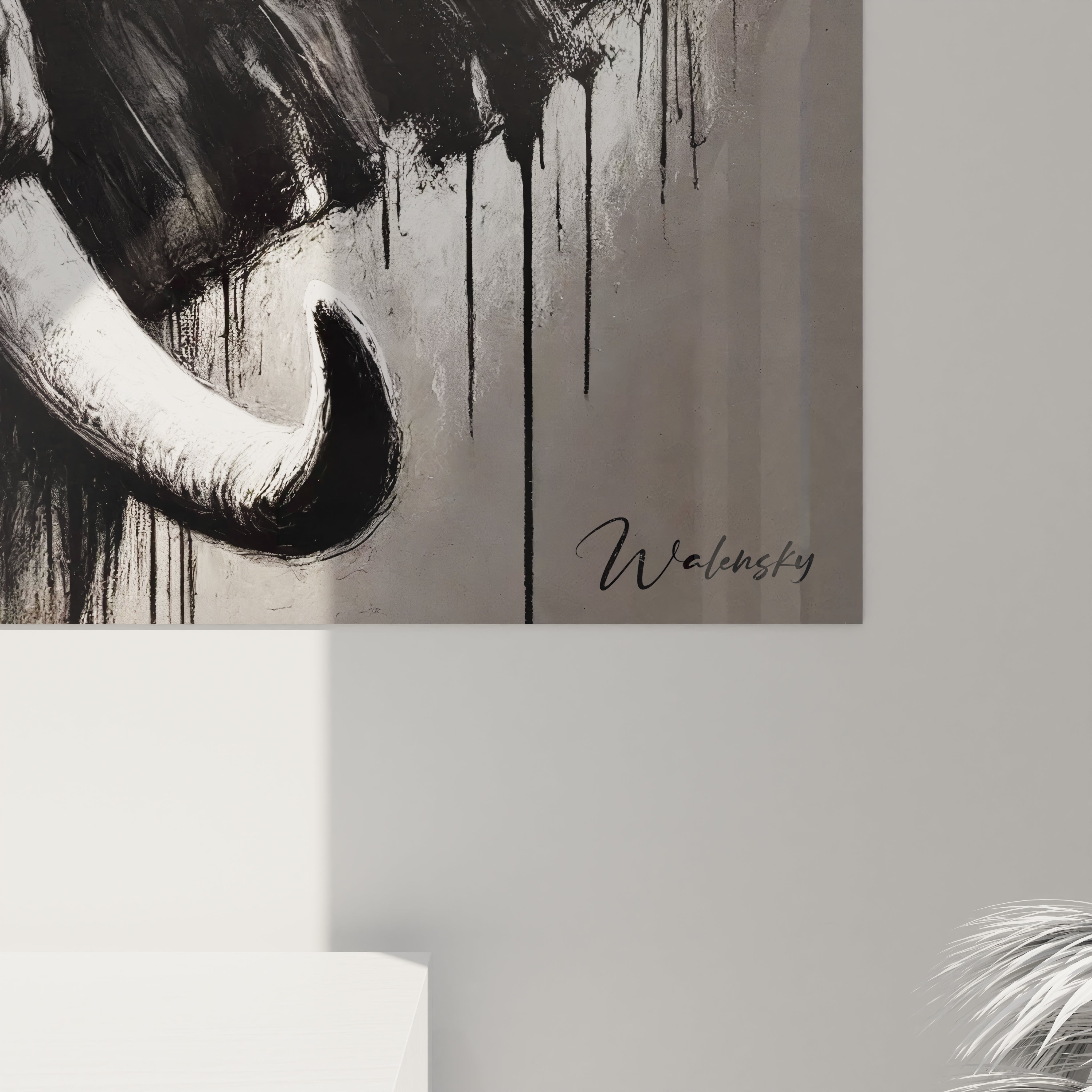 La vue rapprochée de ce tableau elephant révèle des détails impressionnants. Le traitement en noir et blanc met en valeur chaque ride et texture, accentuant la puissance de cet animal majestueux.






