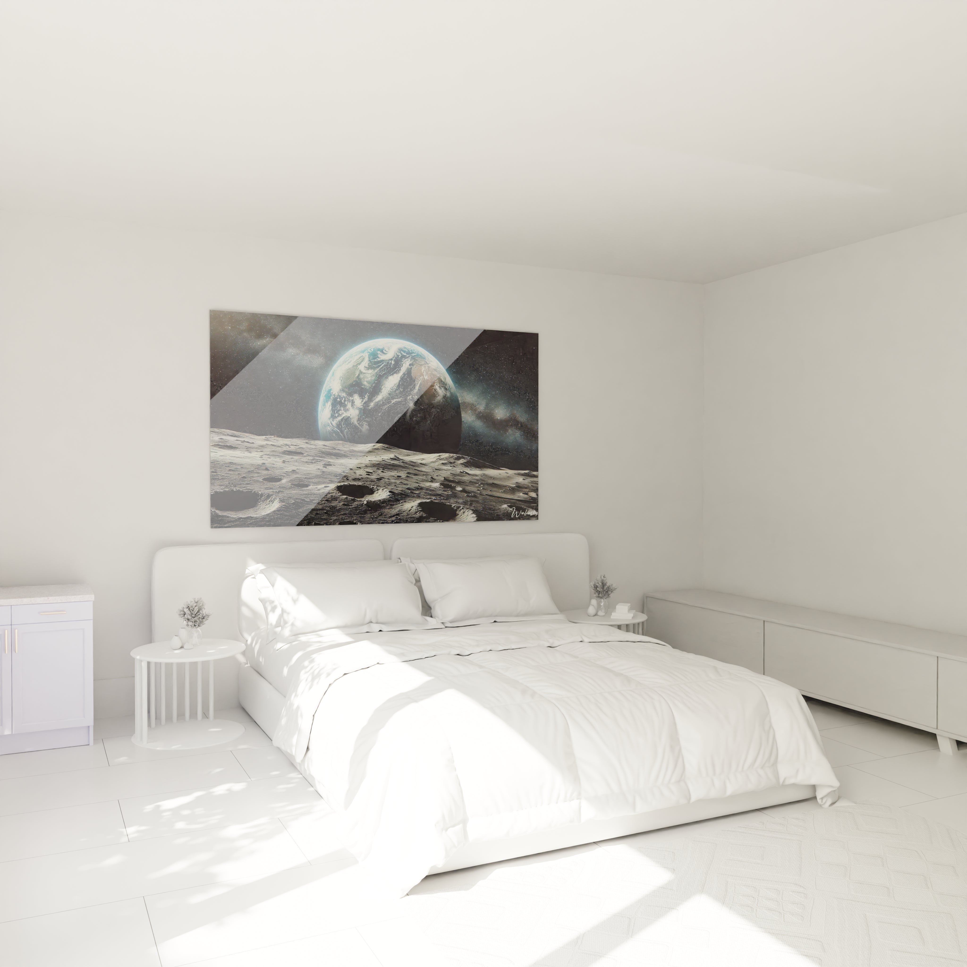 Ce tableau espace transforme votre chambre en un sanctuaire cosmique. Suspendu au-dessus du lit, il invite a rever au calme et a la beaute de la Terre vue depuis la Lune.

