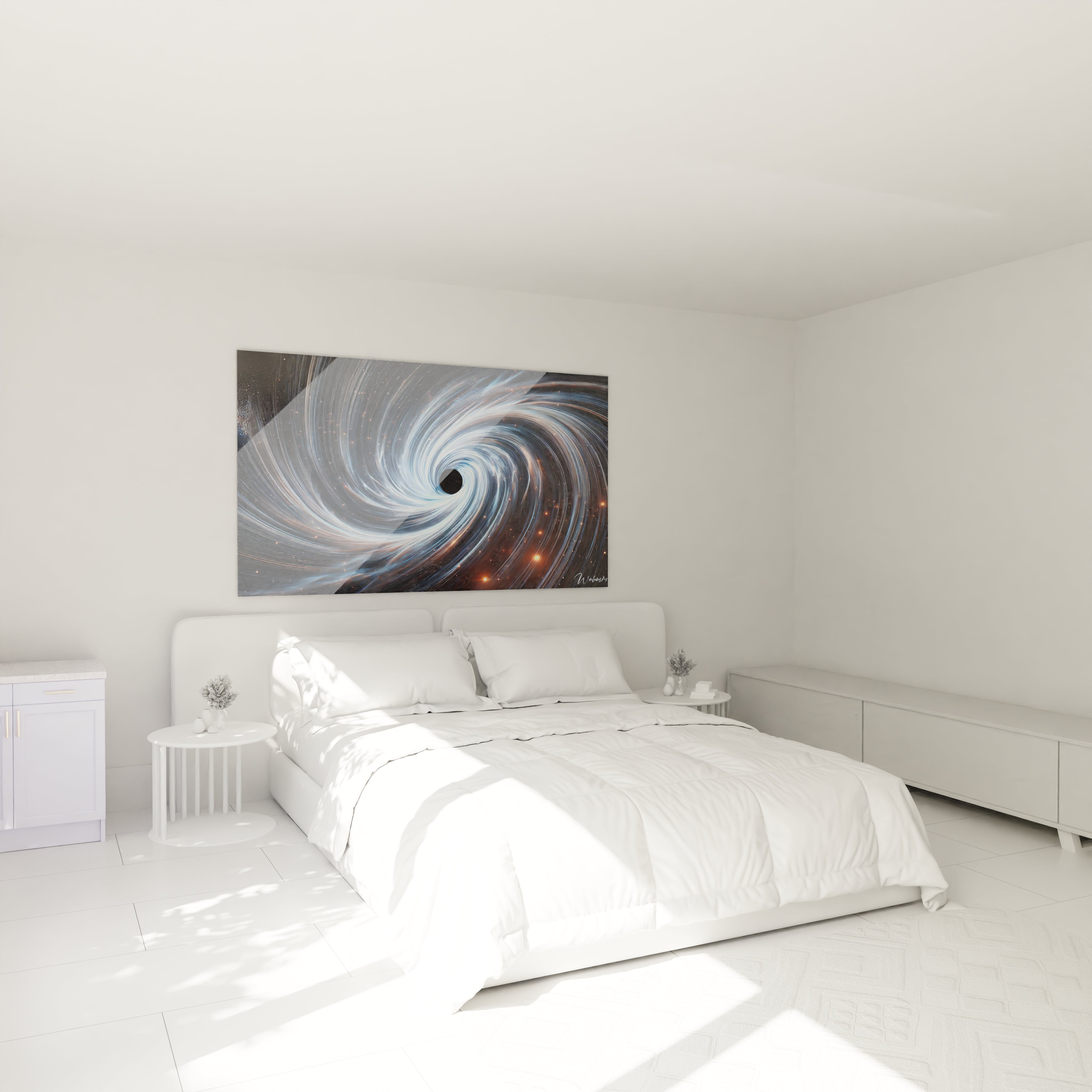 Dans une chambre, tableau espace suspendu au-dessus du lit. Les teintes profondes et tourbillonnantes insufflent sérénité et mystère pour un espace propice à la méditation.

