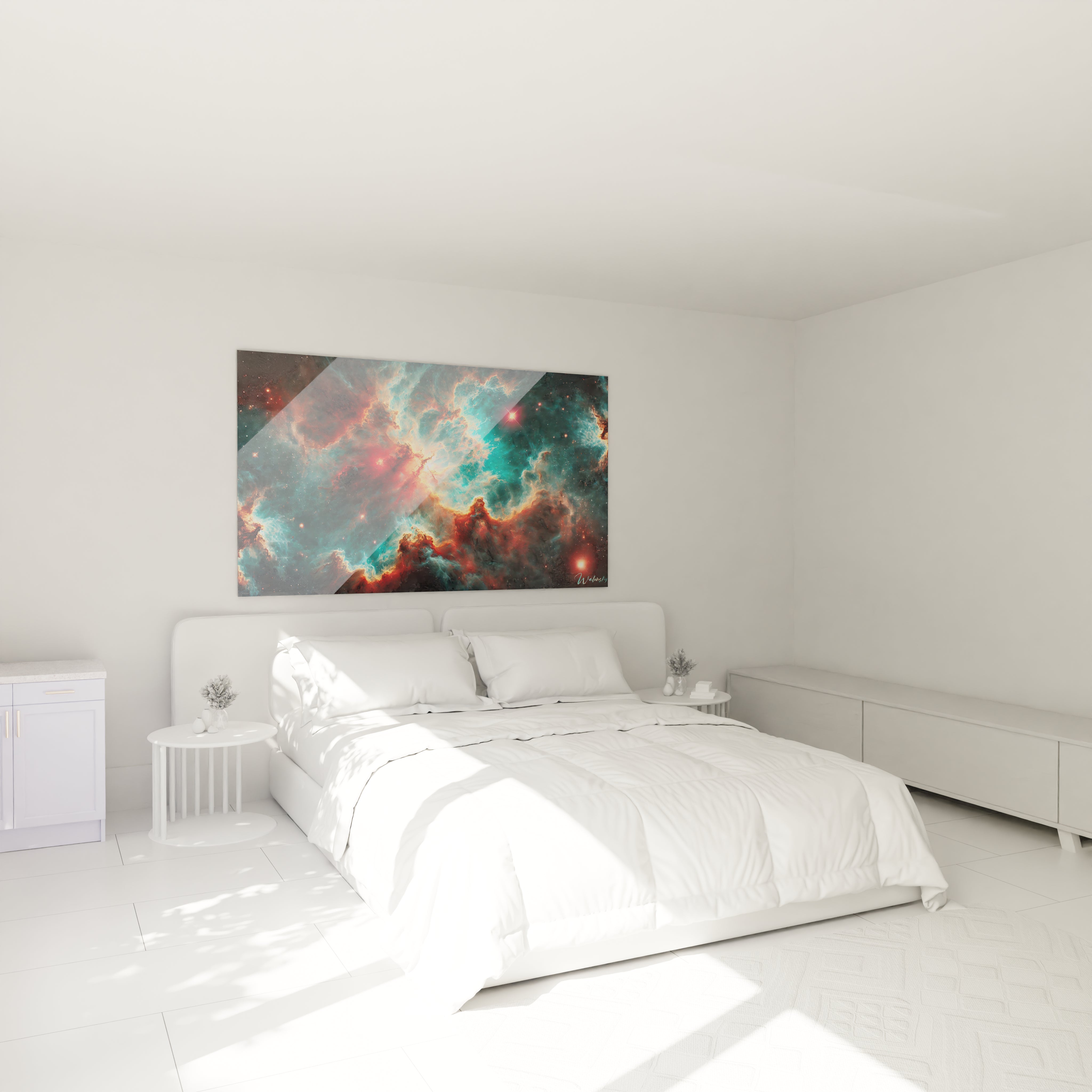 Transformez votre chambre avec ce tableau espace accroché au-dessus du lit, apportant une ambiance sereine et cosmique à votre espace.

