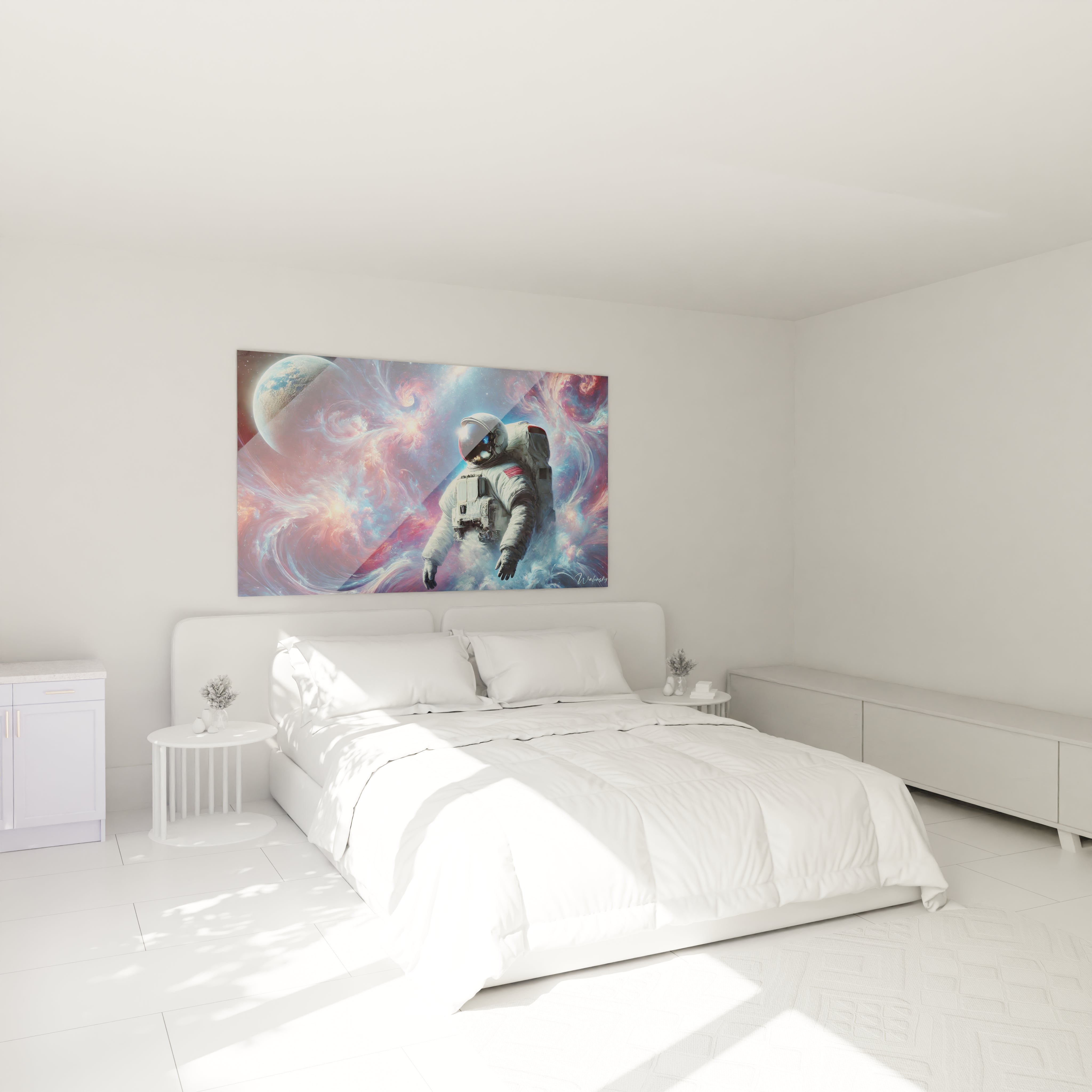 Transformez votre chambre en sanctuaire d'évasion avec ce tableau espace au-dessus du lit, capturant l'immensité et la sérénité de l'univers.

