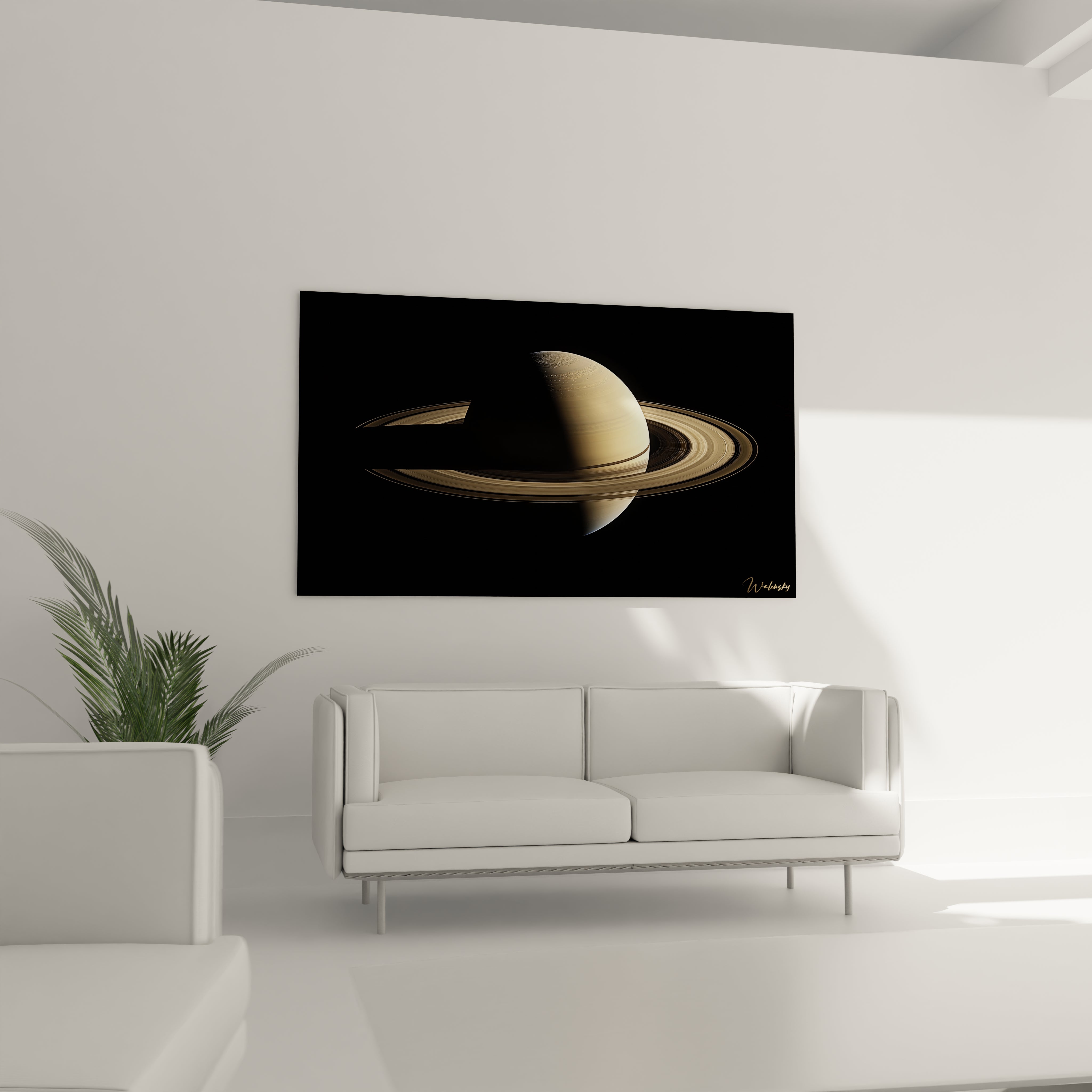 Un tableau espace représentant Saturne et ses anneaux dans un éclairage partiel, avec une palette de noir, or et beige. L’image révèle des textures nuageuses et des reflets lumineux subtils.

