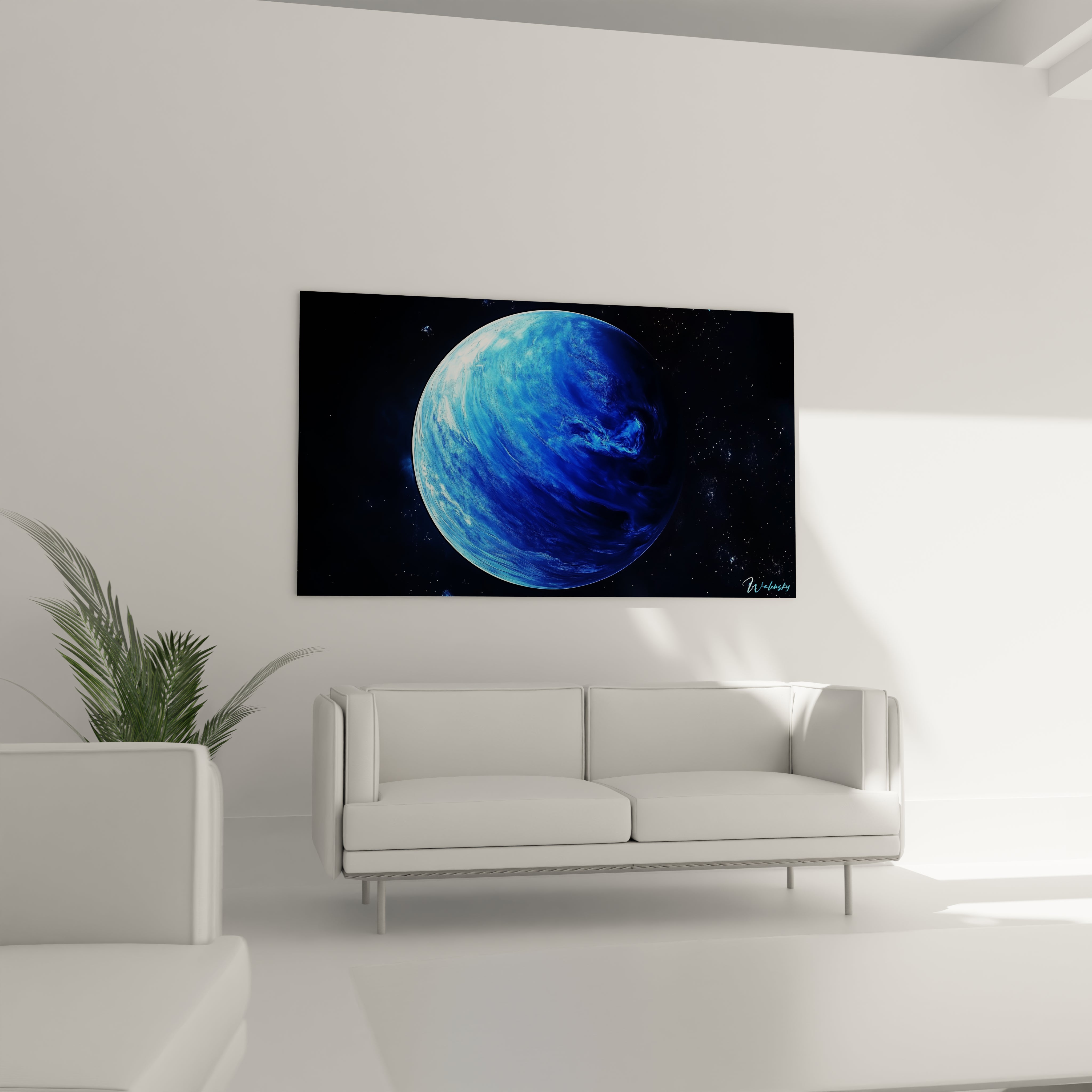 Un tableau espace mettant en scène un astre bleuté aux nuances dégradées, avec une atmosphère tourbillonnante. Les textures fluides évoquent des courants gazeux en suspension dans l’espace sombre.

