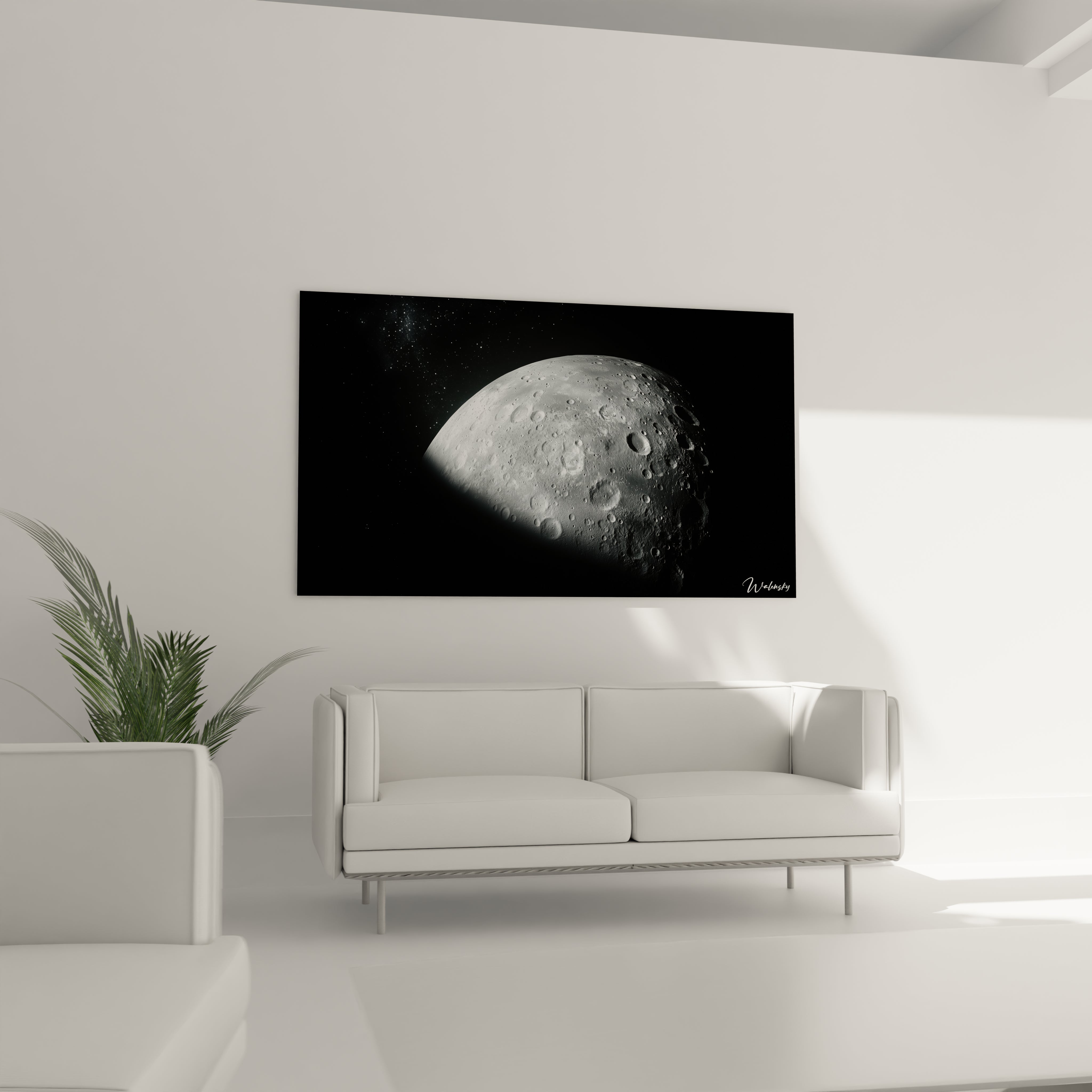 Un tableau espace illustrant un paysage lunaire en gros plan, avec une topographie détaillée, des tons gris variés et une lumière rasante accentuant les reliefs.

