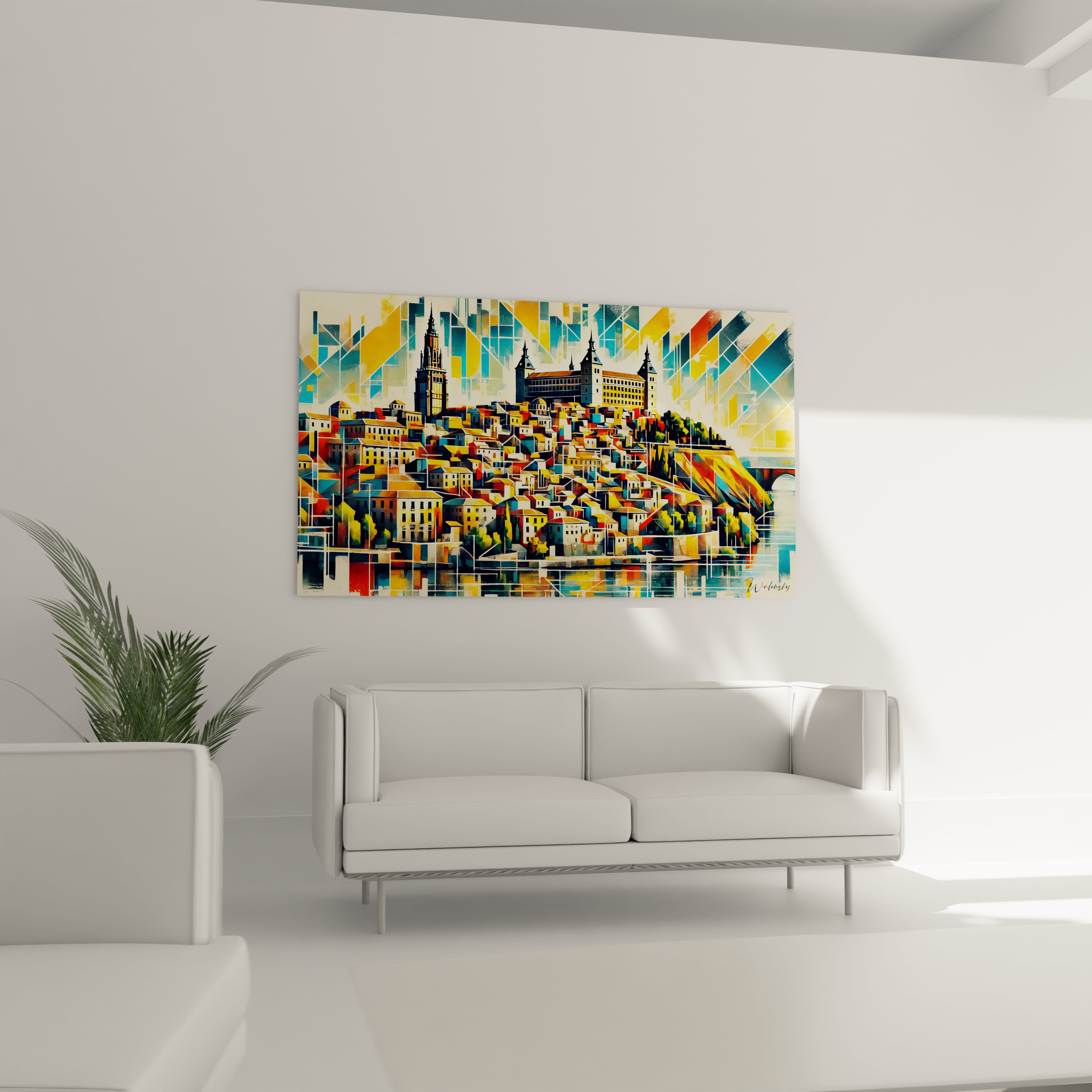 tableau espagne accroché au mur dans un salon au-dessus d’un canapé couleurs vibrantes jaune bleu et orange architecture espagnole formes angulaires cubistes effet dynamique et élégant

