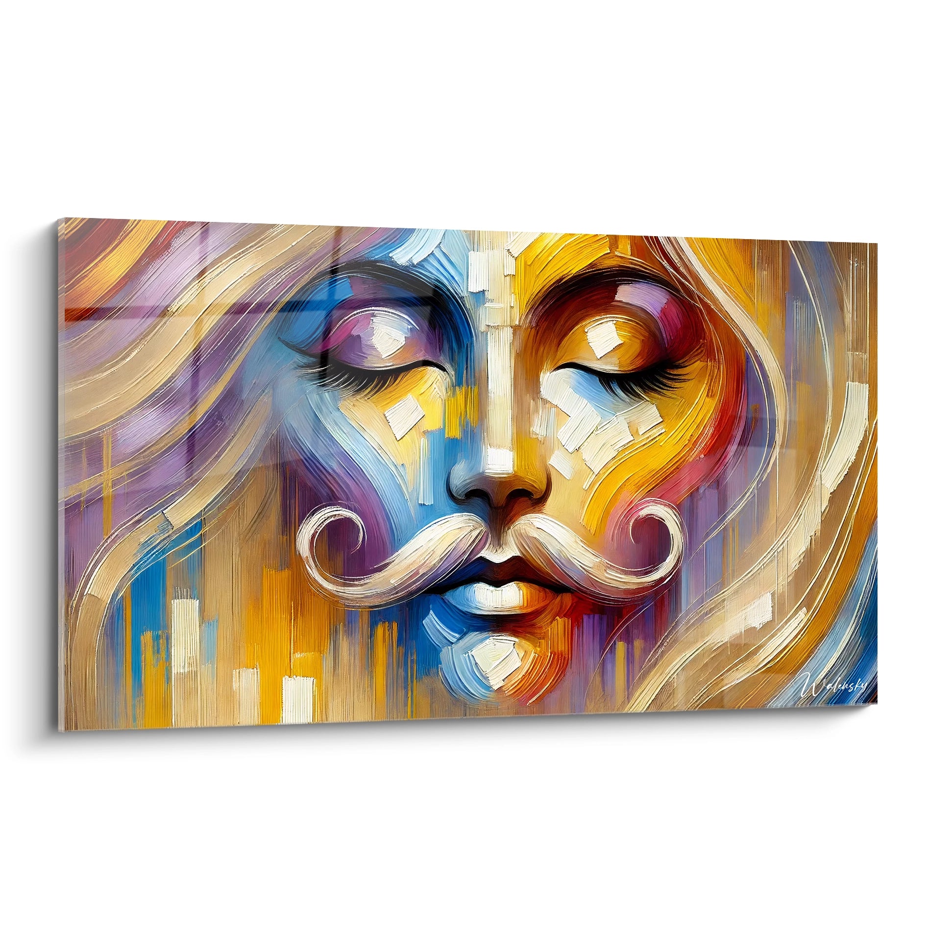 Un tableau fauvisme abstrait représentant un visage stylisé, avec des teintes bleu, jaune et violet, des coups de pinceau visibles et des textures superposées.
