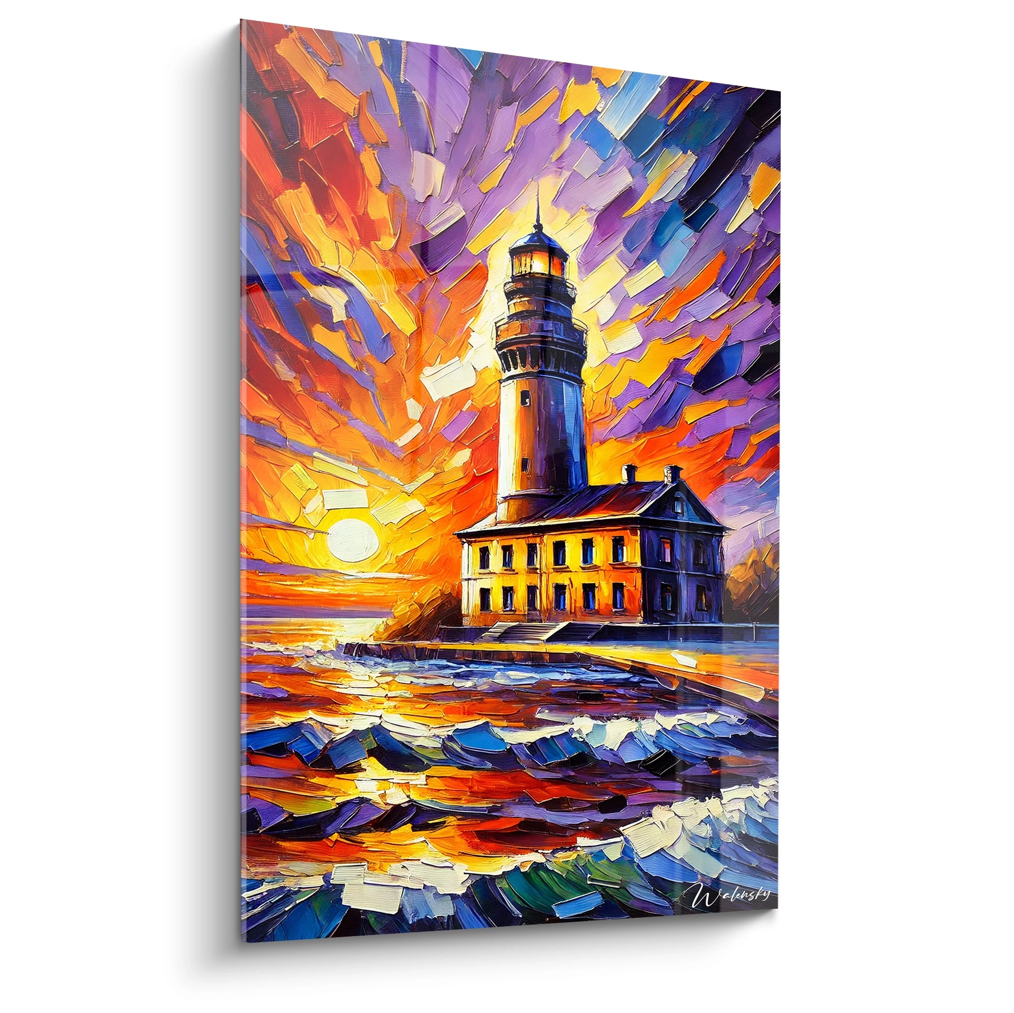 Un tableau fauvisme abstrait montrant un phare central, des vagues multicolores, et un ciel orangé, avec des textures épaisses et des teintes violettes et bleues.

