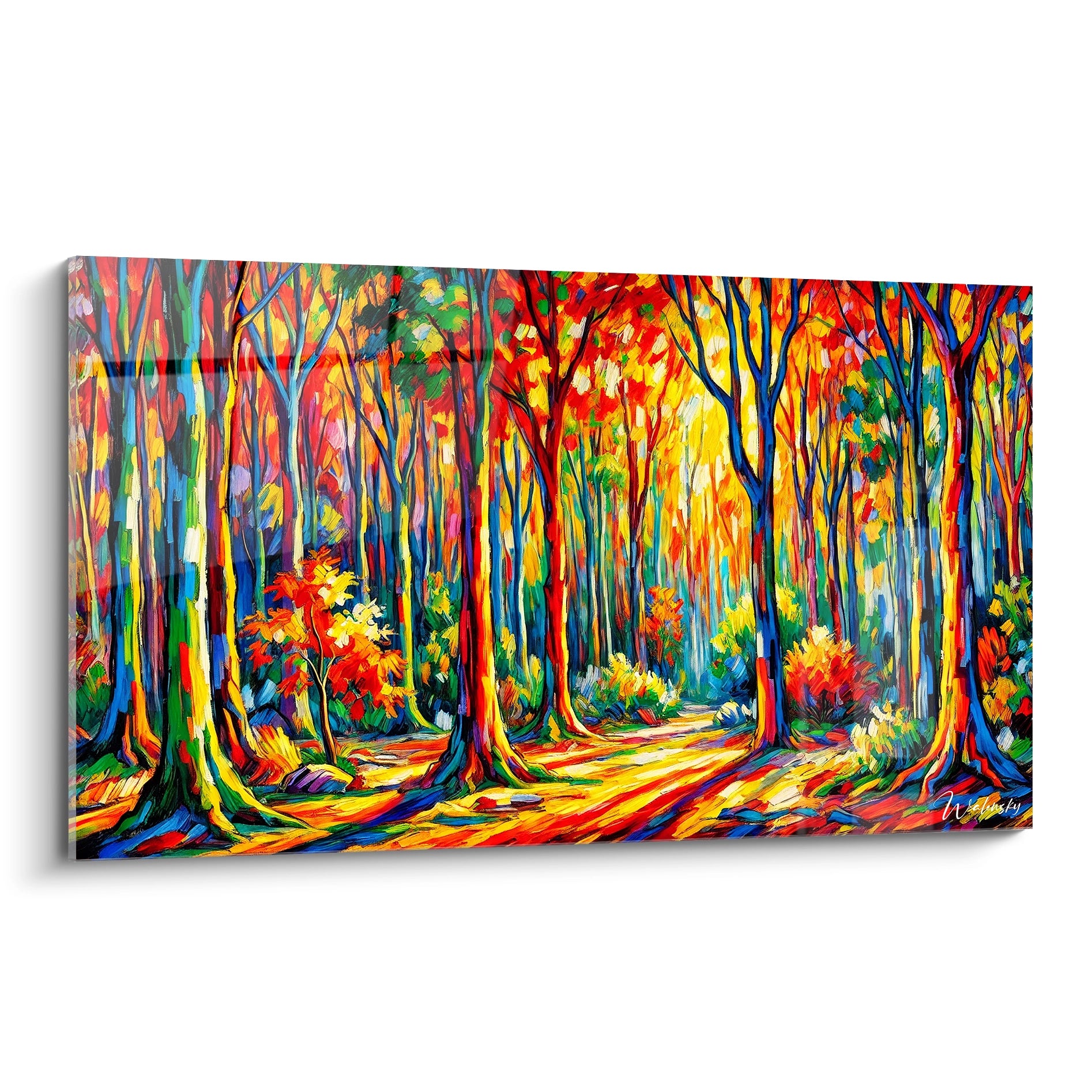 Un tableau fauvisme abstrait représentant une forêt avec des troncs bleus, rouges et jaunes, des feuillages multicolores et des textures dynamiques composées de lignes et de superpositions.

