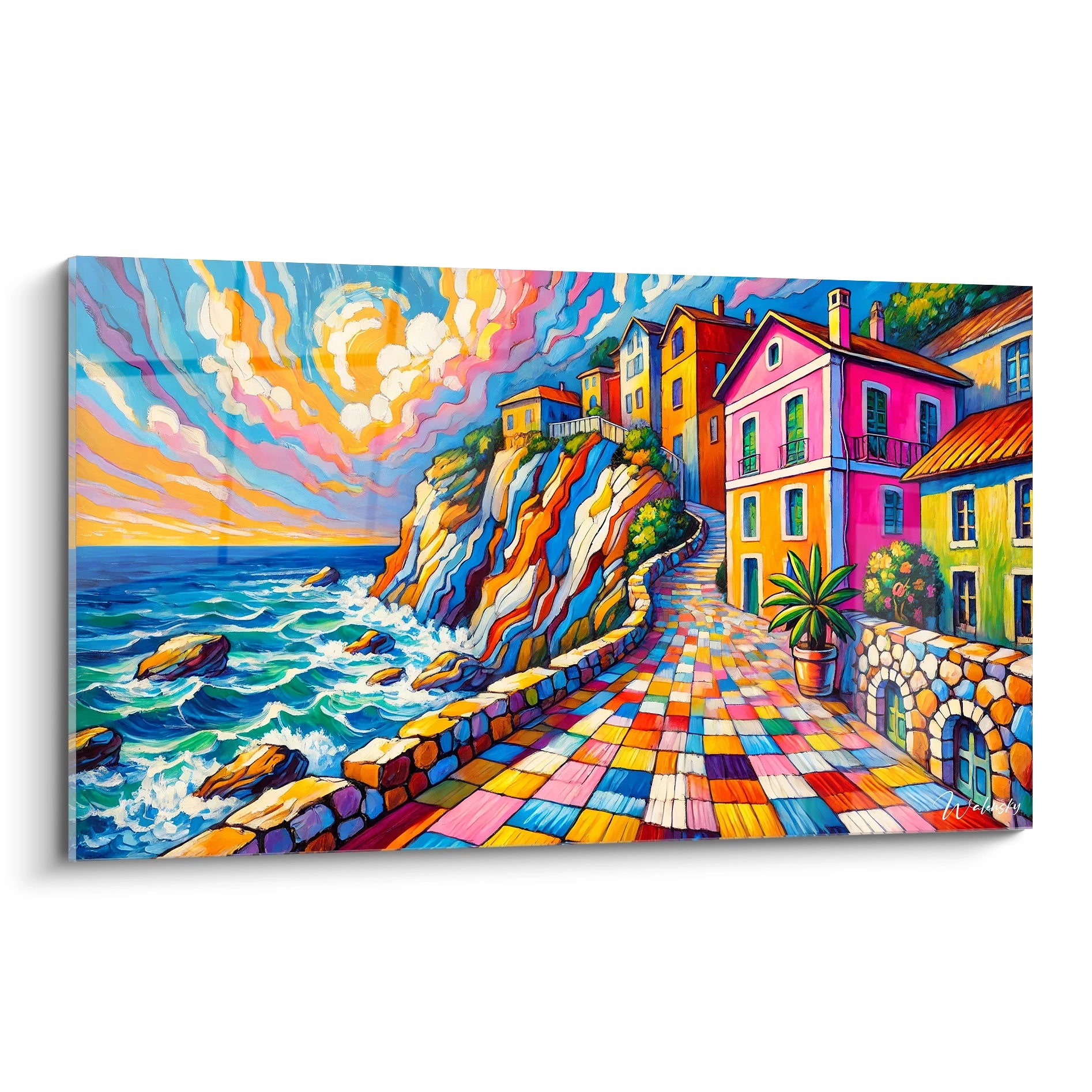 Un tableau fauvisme abstrait représentant une falaise côtière avec des maisons colorées, un chemin pavé multicolore, et des vagues bleu vif sous un ciel orange et rose vibrant.

